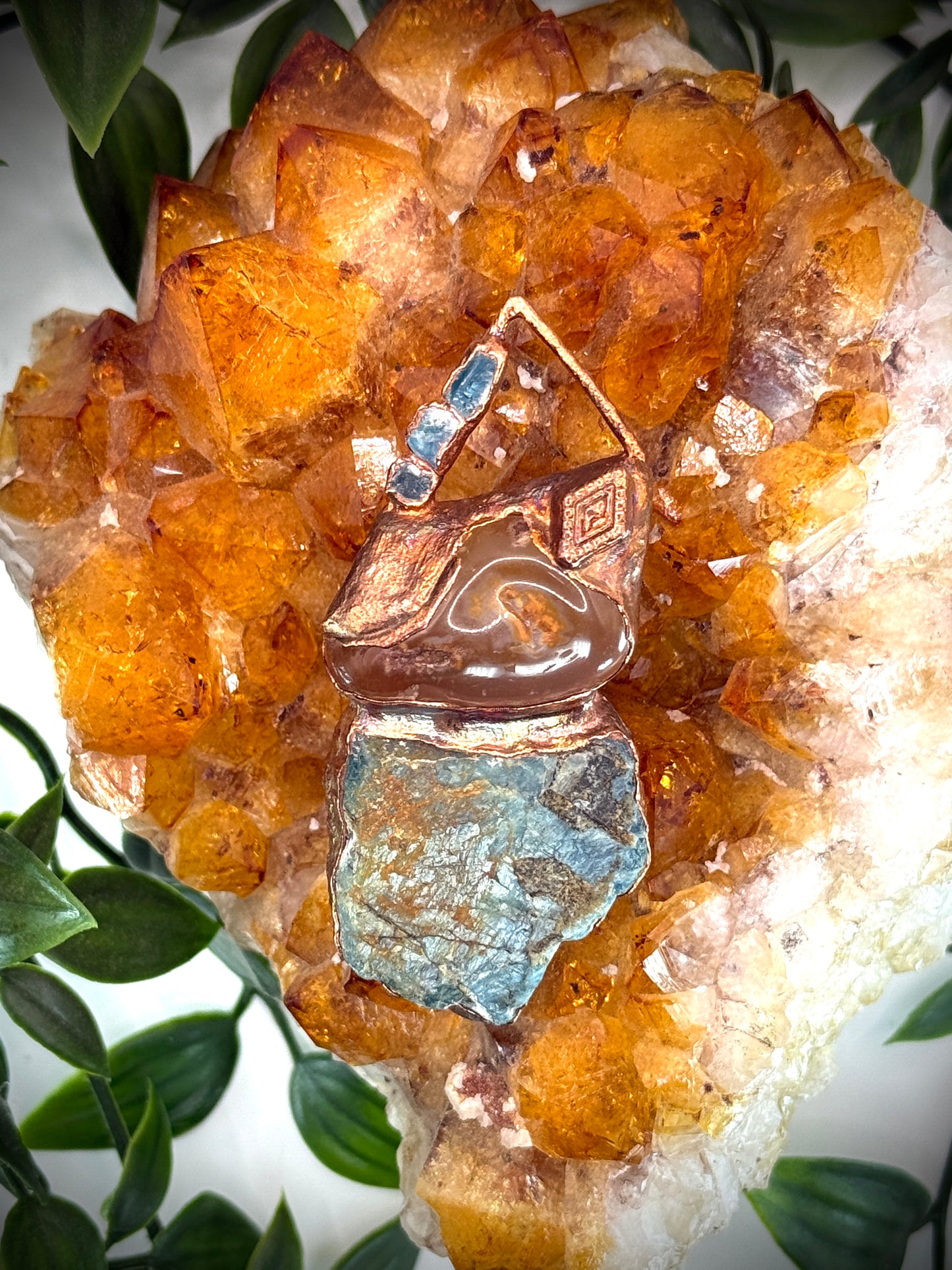 Handmade copper pendant with raw blue apatite, carnelian, and triangular top – funky crystal jewellery for creative expression and throat chakra alignment.