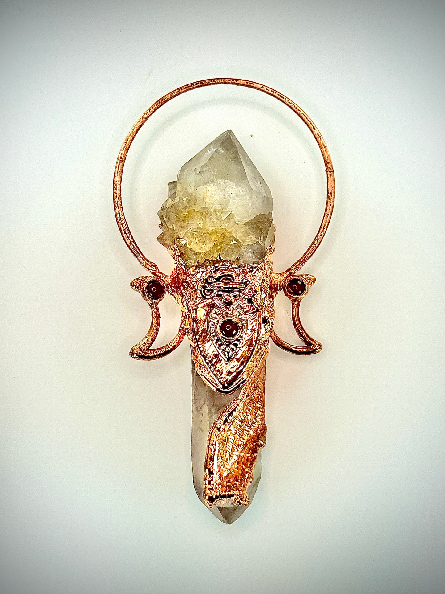 Handmade copper pendant with smoky quartz cluster, clear quartz point with crystal imprint, carnelian cabochons, and crescent moons – goddess crystal jewellery.