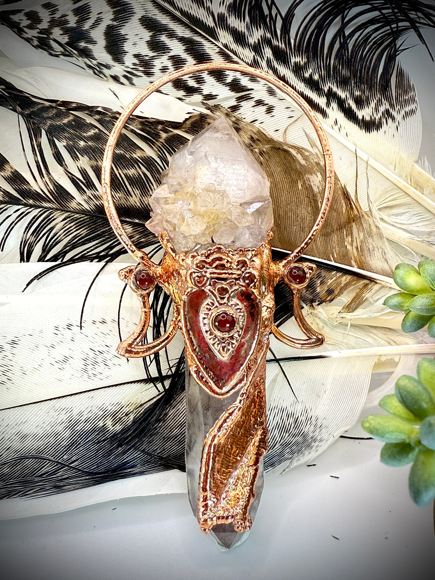 Boho crystal pendant with divine feminine energy – smoky quartz, clear quartz, carnelian, and moon accents.