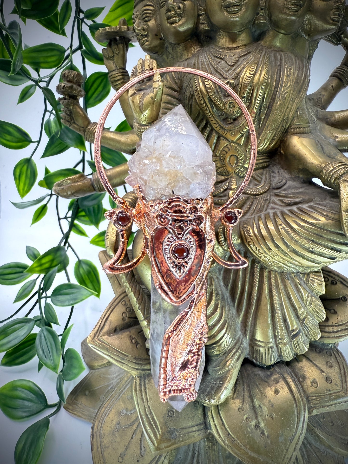 Goddess-inspired pendant with smoky quartz and clear quartz point bearing a crystal growth imprint – accented with copper and carnelian.