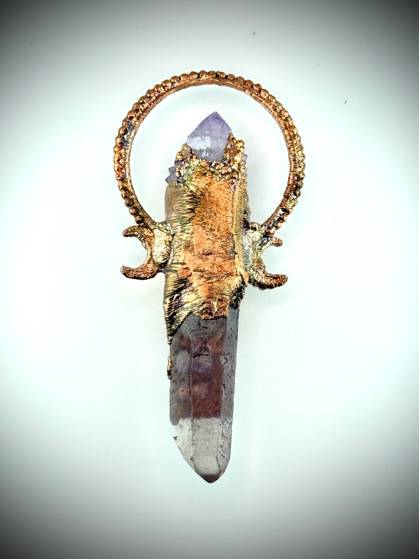 Handmade copper pendant with spirit quartz, red lithium quartz, rose quartz, amethyst, and crescent moons – crystal jewellery for love and divine connection.