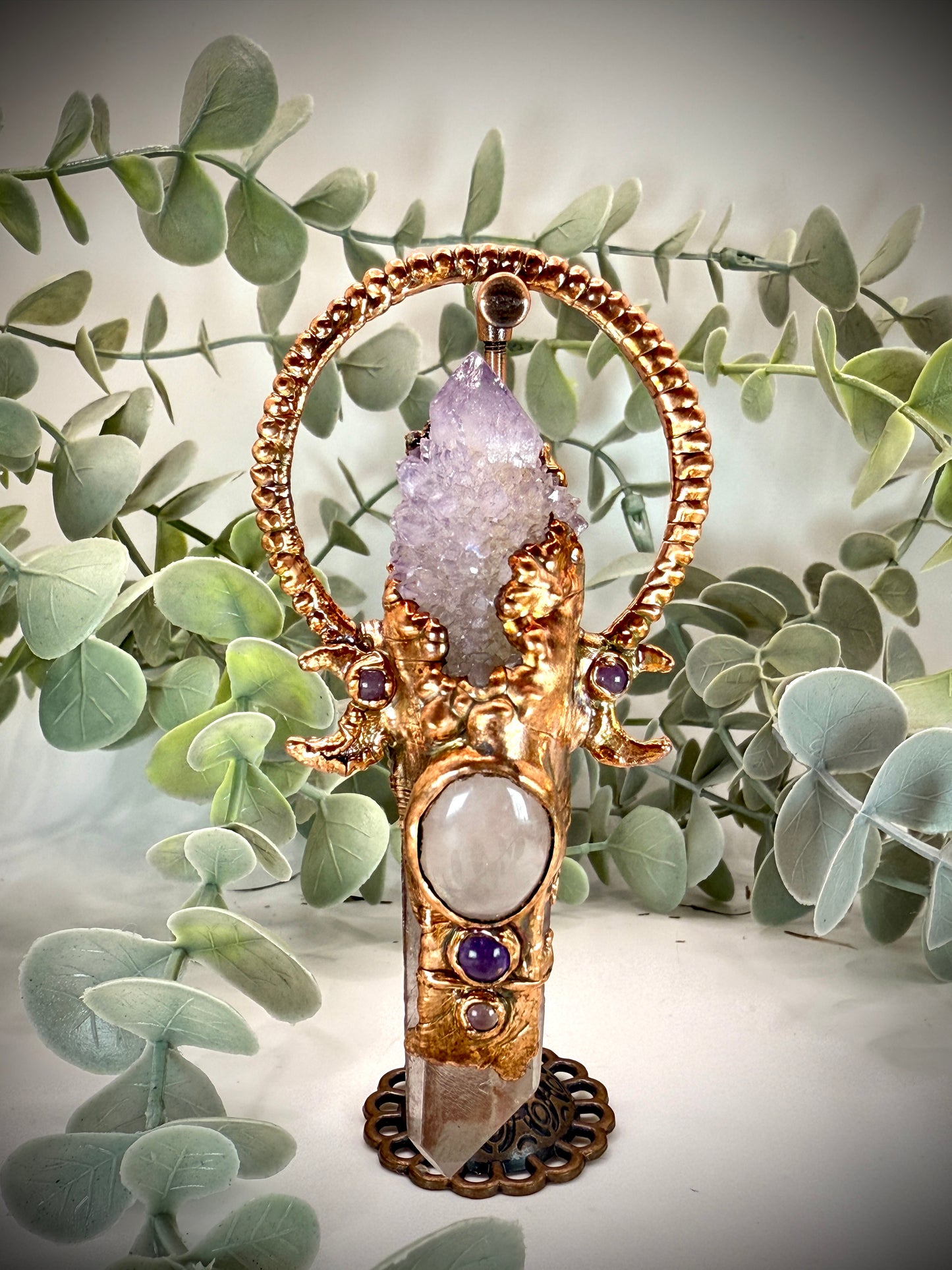 Handmade copper pendant with spirit quartz, red lithium quartz, rose quartz, amethyst, and crescent moons – crystal jewellery for love and divine connection.