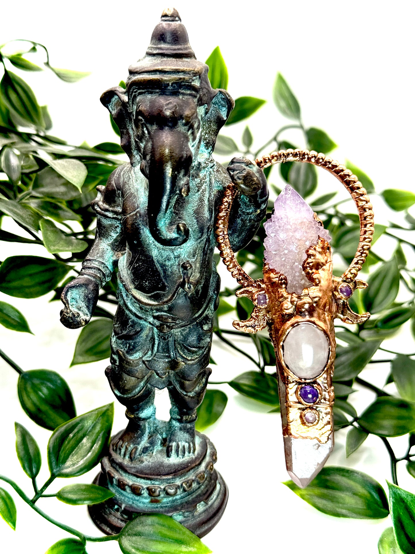 Handmade copper pendant with spirit quartz, red lithium quartz, rose quartz, amethyst, and crescent moons – crystal jewellery for love and divine connection.