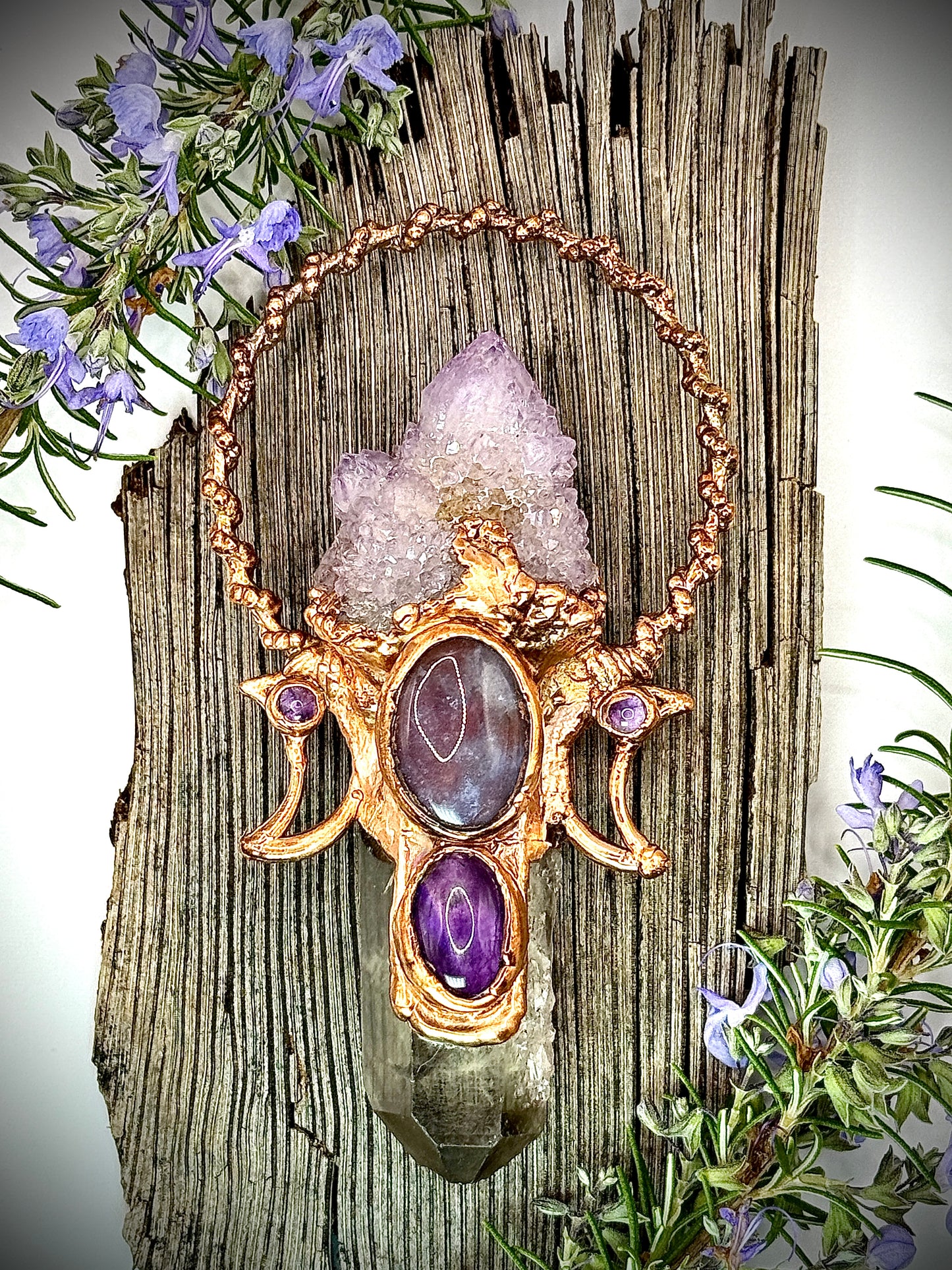 Handmade copper pendant with spirit quartz, tangerine quartz, Indian agate cabochon, amethyst accents, and crescent moons – celestial crystal jewellery.