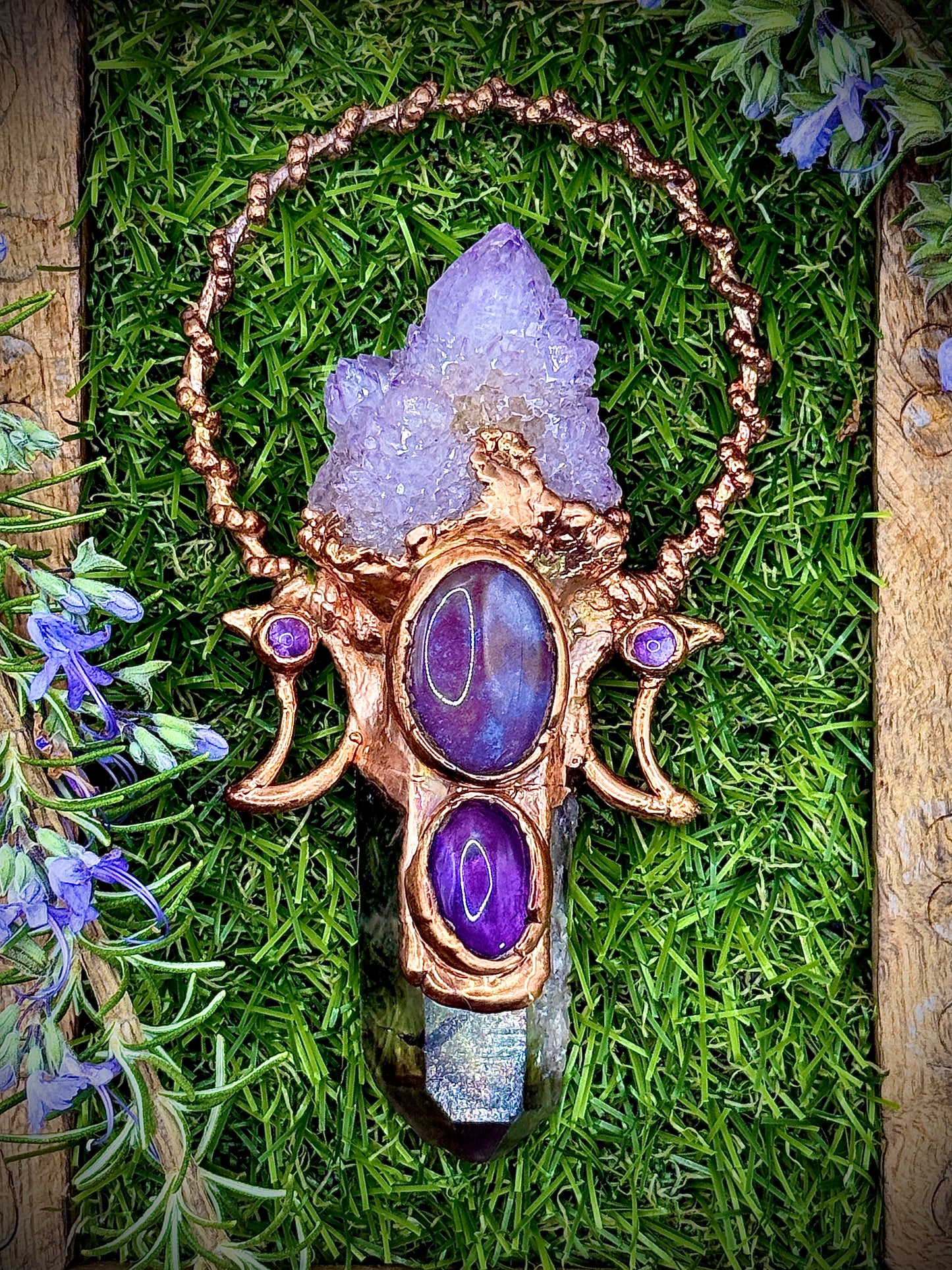 Handmade copper pendant with spirit quartz, tangerine quartz, Indian agate cabochon, amethyst accents, and crescent moons – celestial crystal jewellery.