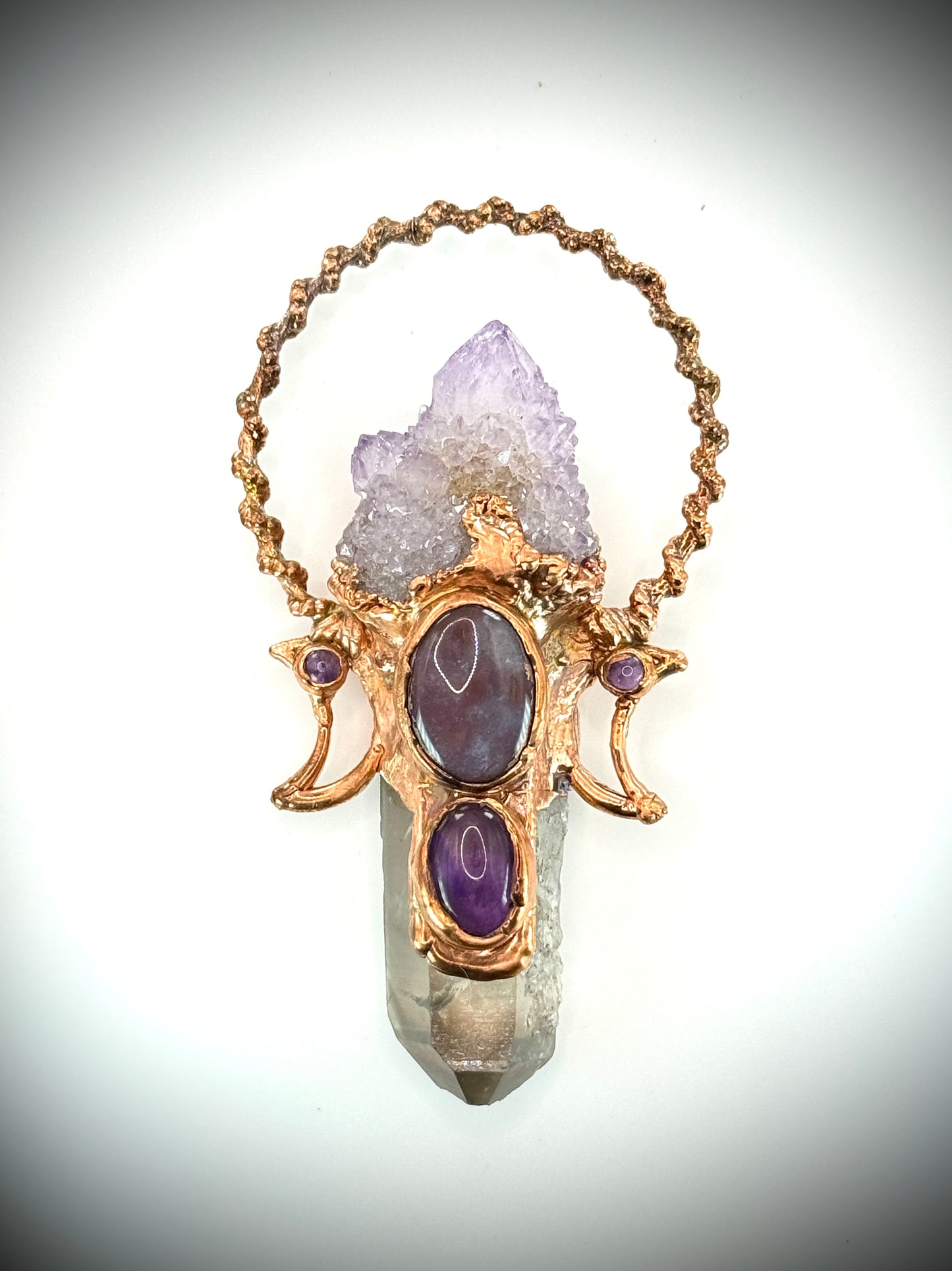 Handmade copper pendant with spirit quartz, tangerine quartz, Indian agate cabochon, amethyst accents, and crescent moons – celestial crystal jewellery.