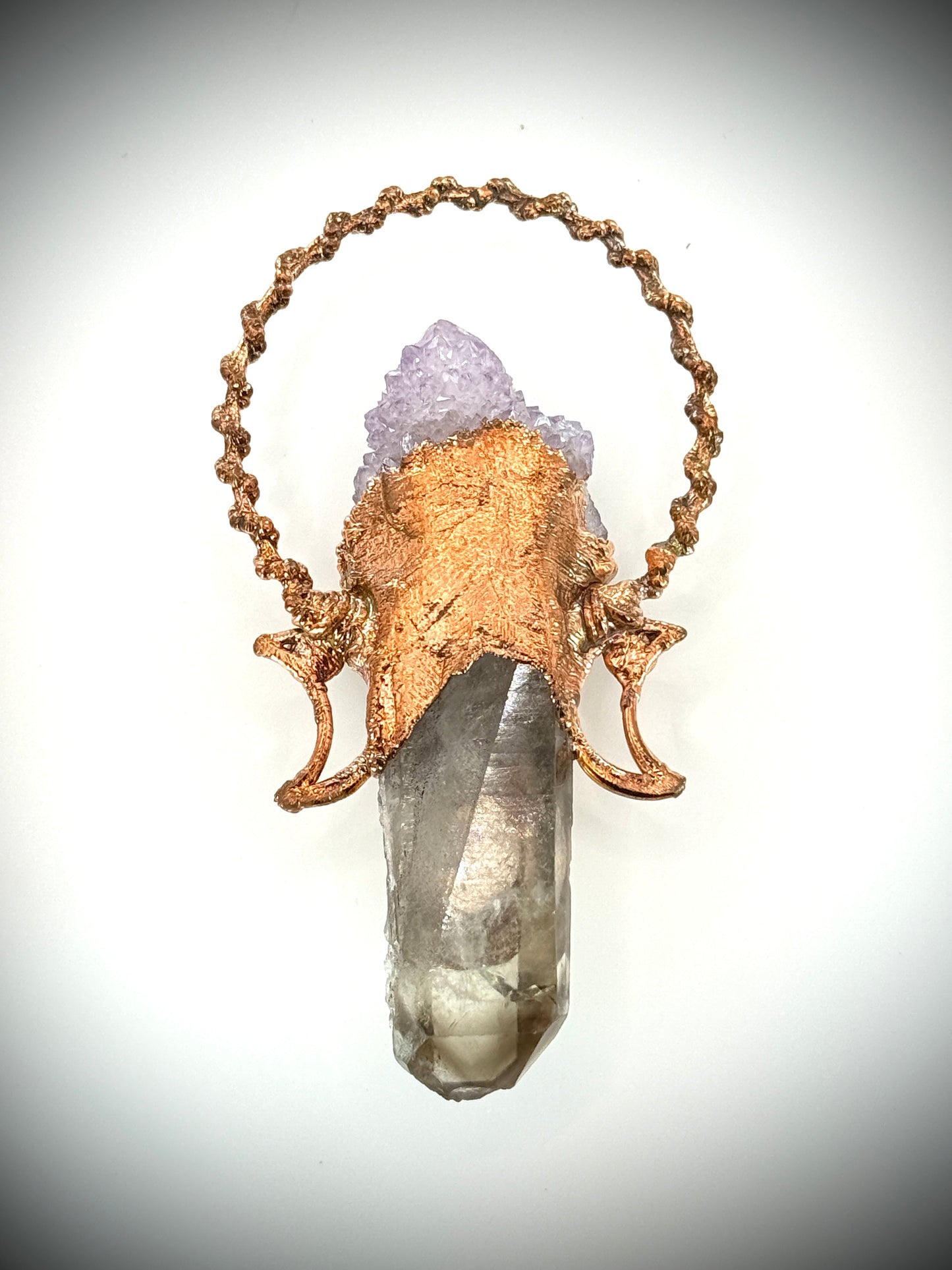 Handmade copper pendant with spirit quartz, tangerine quartz, Indian agate cabochon, amethyst accents, and crescent moons – celestial crystal jewellery.