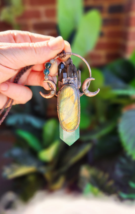 Dark Moon Rising Necklace | Green Fluorite Pendant | Smoky Quartz Pendant |  Fire Labradorite | Formally Cinnamon Dreams