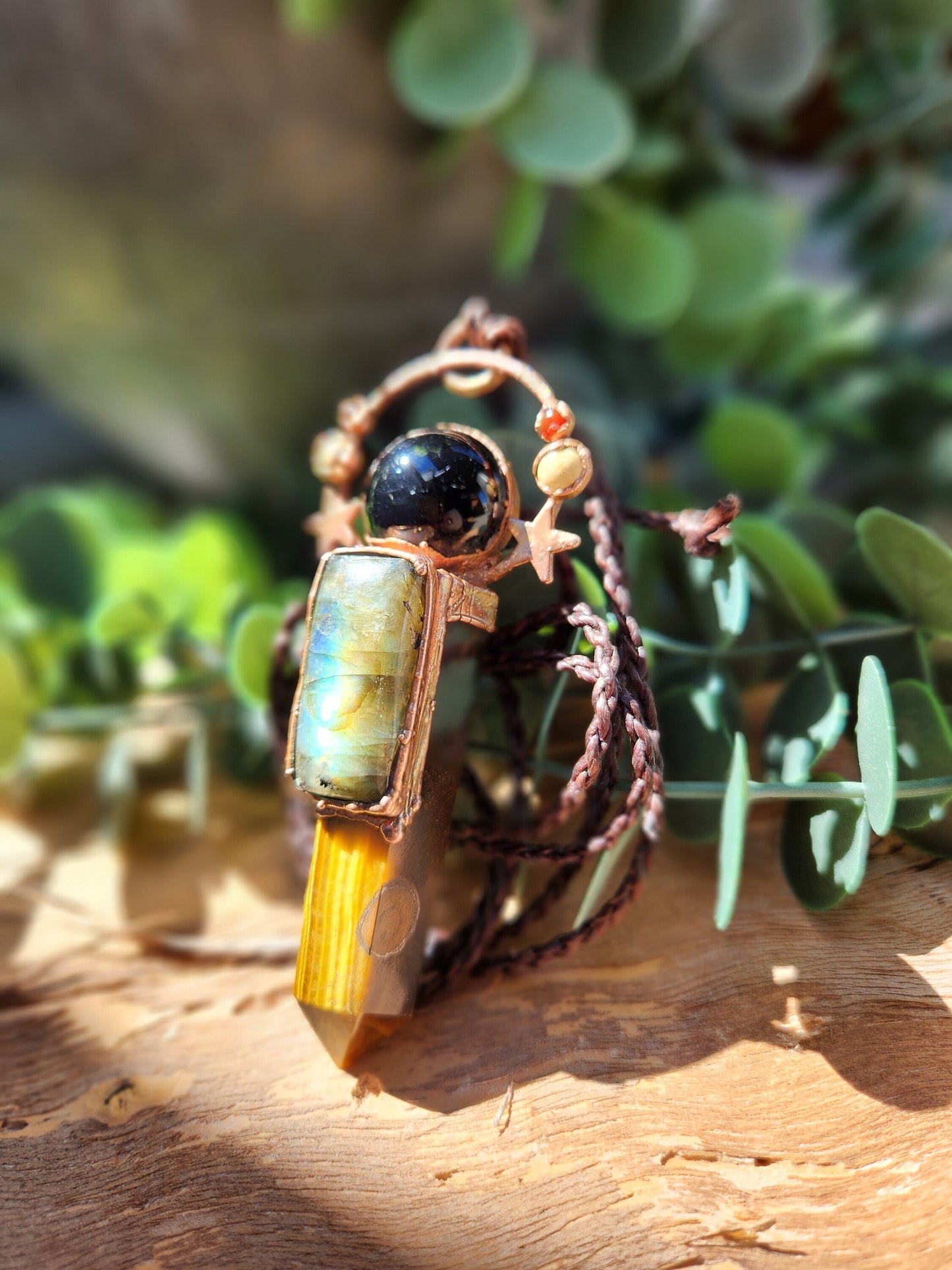 Stardust Goddess Pendant - Tiger's Eye Point with Labradorite, Obsidian, Yellow Jasper, Carnelian and Copper