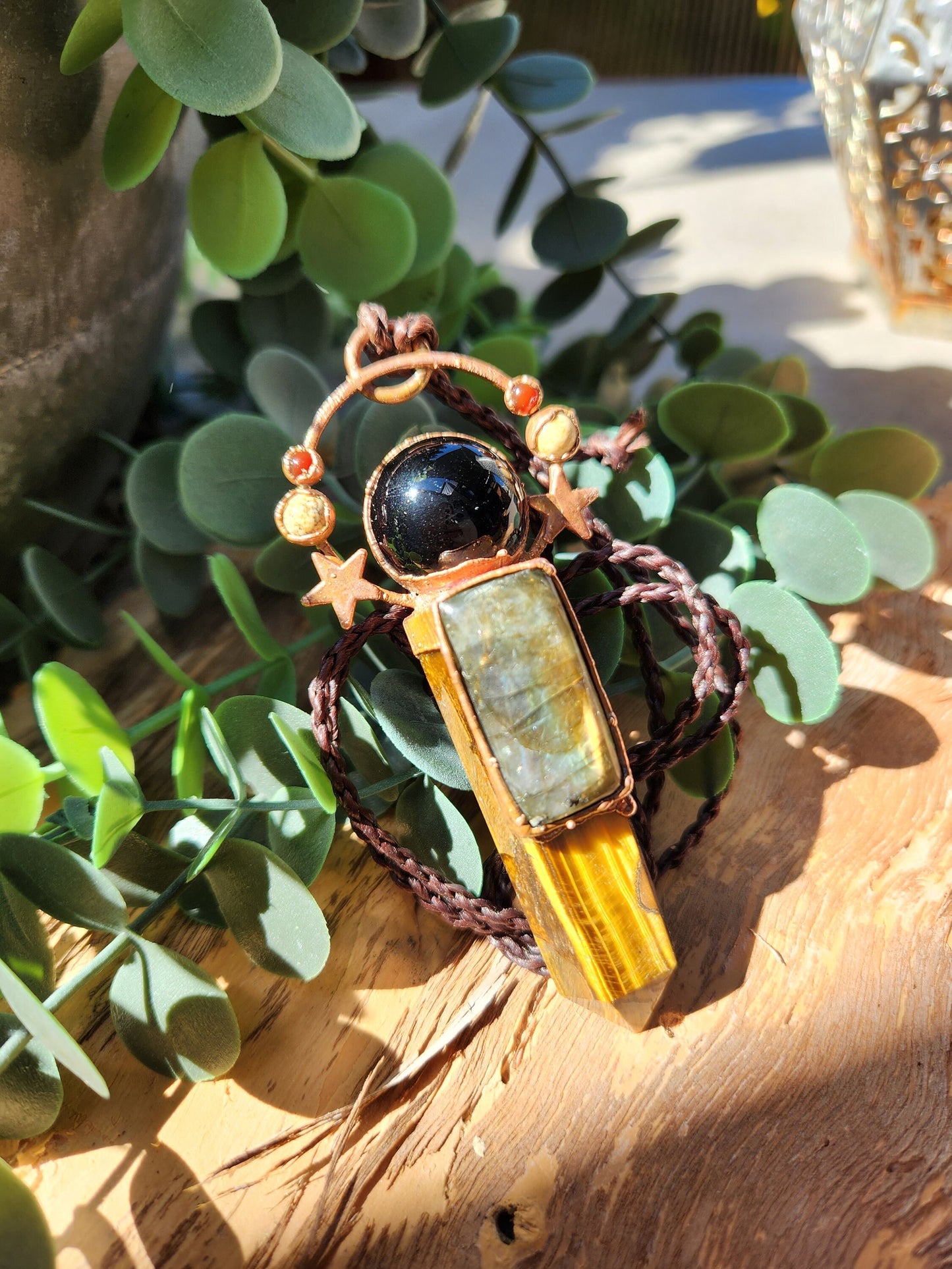 Stardust Goddess Pendant - Tiger's Eye Point with Labradorite, Obsidian, Yellow Jasper, Carnelian and Copper