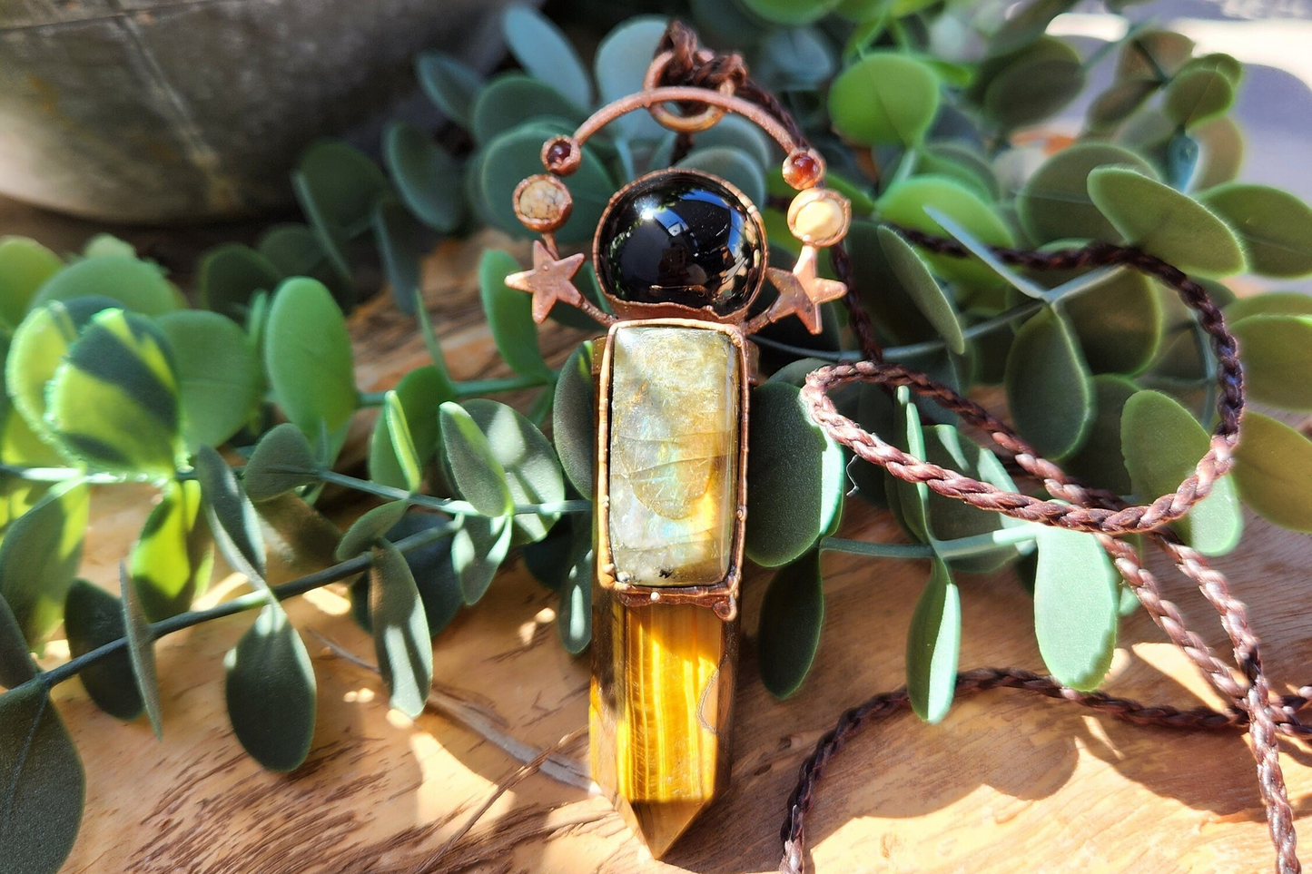 Stardust Goddess Pendant - Tiger's Eye Point with Labradorite, Obsidian, Yellow Jasper, Carnelian and Copper