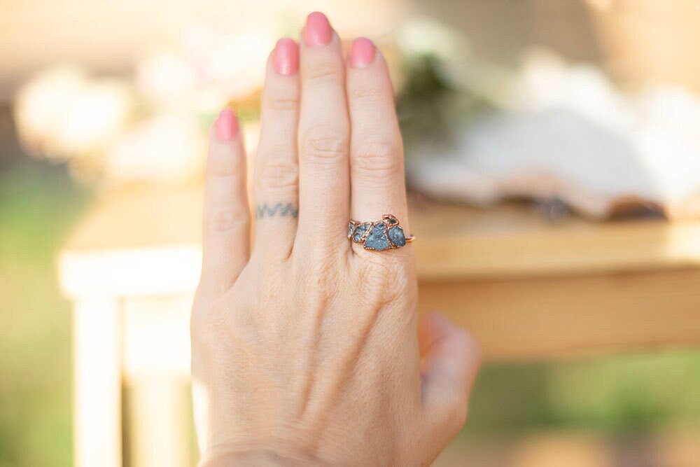 Multi-Stone Aquamarine and Blue Apatite Copper Stacker Ring