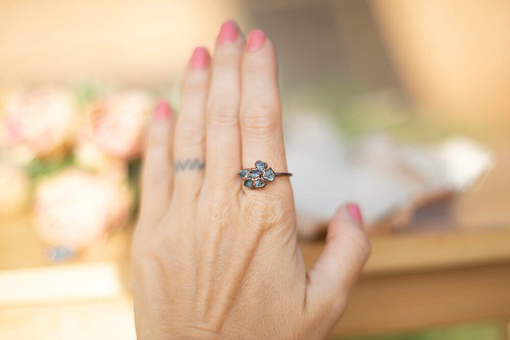 Multi-Stone Aquamarine and Blue Apatite Copper Stacker Ring