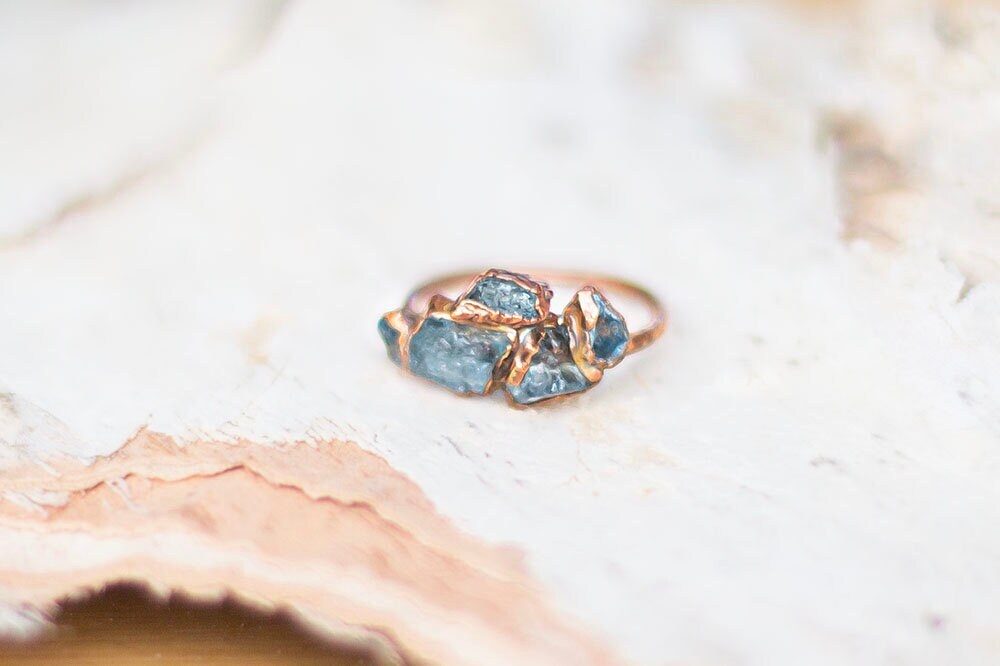 Multi-Stone Aquamarine and Blue Apatite Copper Stacker Ring