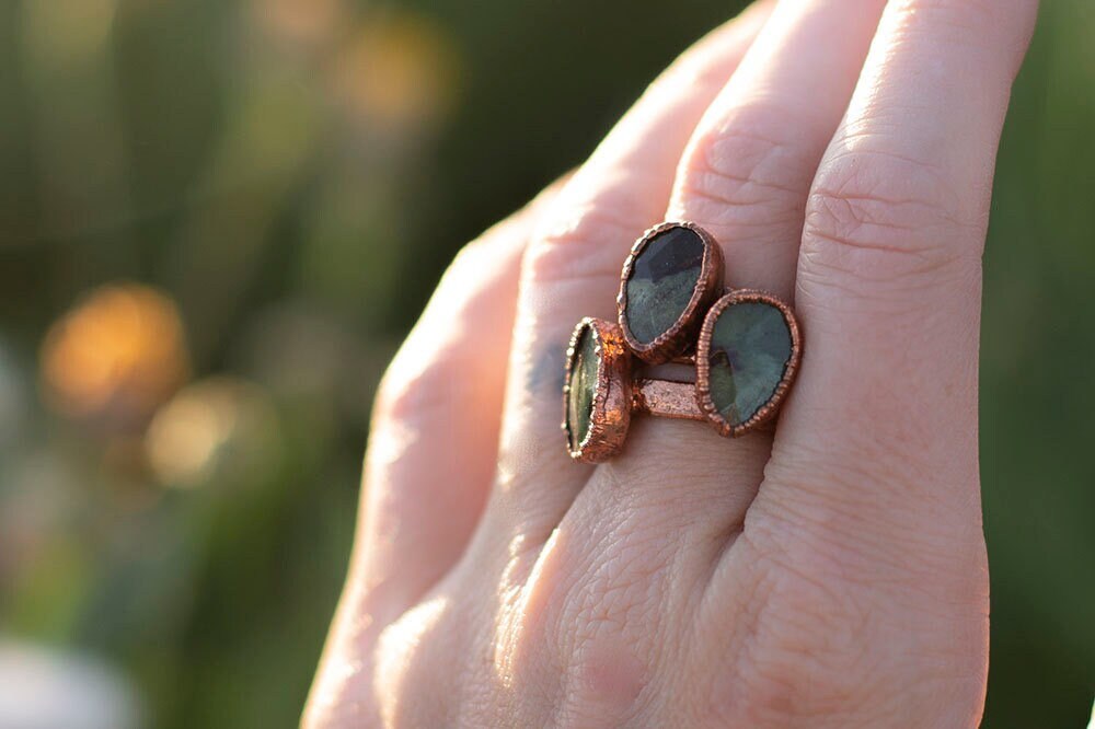 Green Opal and Copper Teardrop Ring