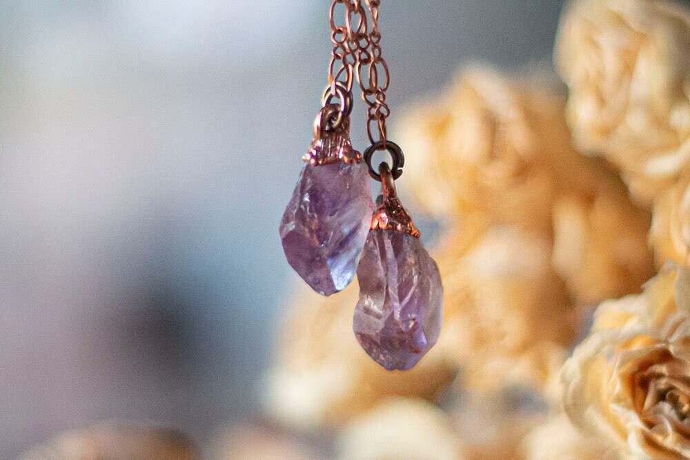 Dainty Raw Amethyst Pendant | Handmade Copper Crystal Necklace