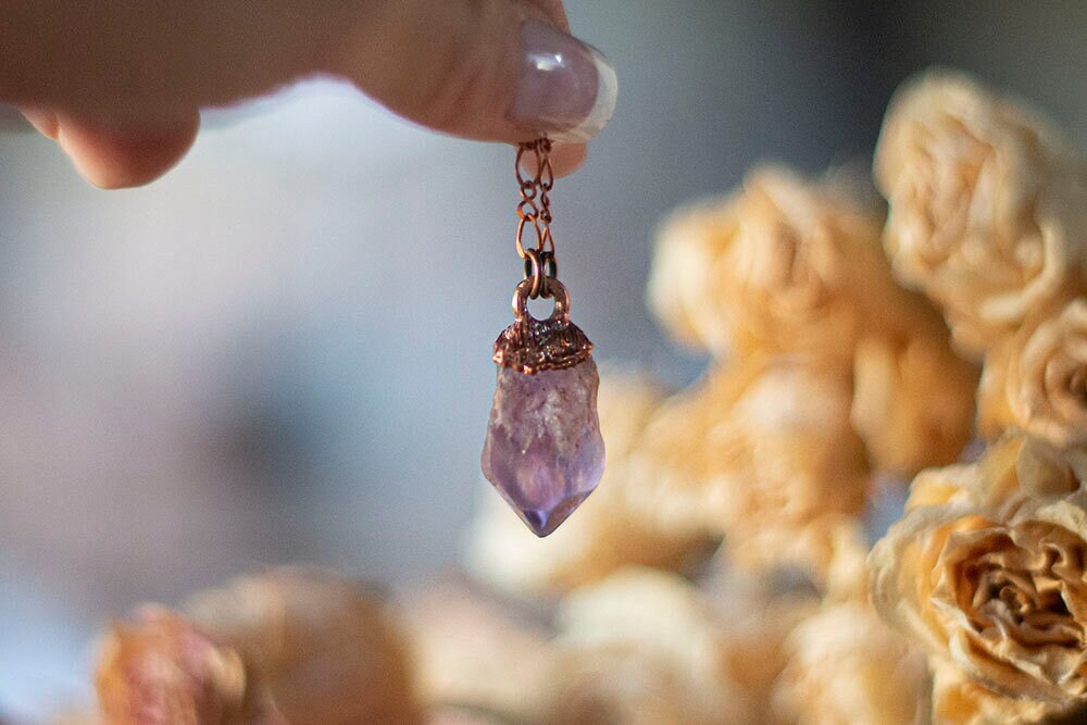 Dainty Raw Amethyst Pendant | Handmade Copper Crystal Necklace