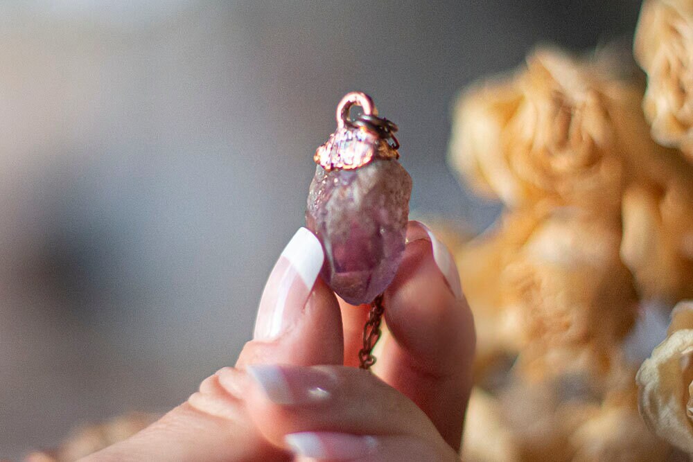 Dainty Raw Amethyst Pendant | Handmade Copper Crystal Necklace