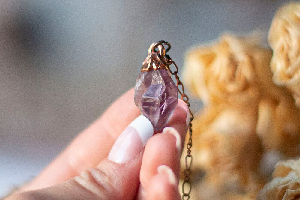 Dainty Raw Amethyst Pendant | Handmade Copper Crystal Necklace