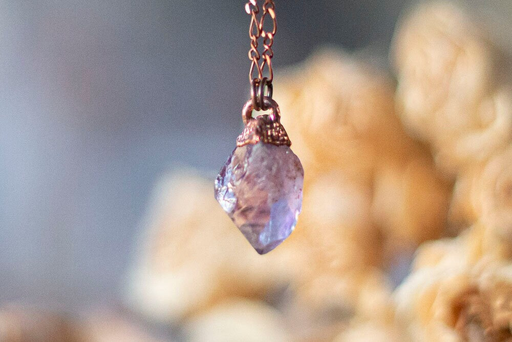 Dainty Raw Amethyst Pendant | Handmade Copper Crystal Necklace