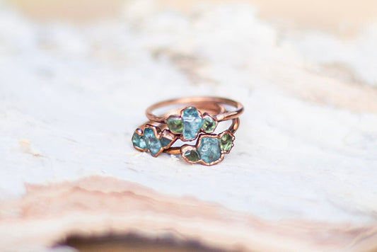 Blue apatite ring with green peridot || handmade bohemian crystal stacker ring | stacking rings