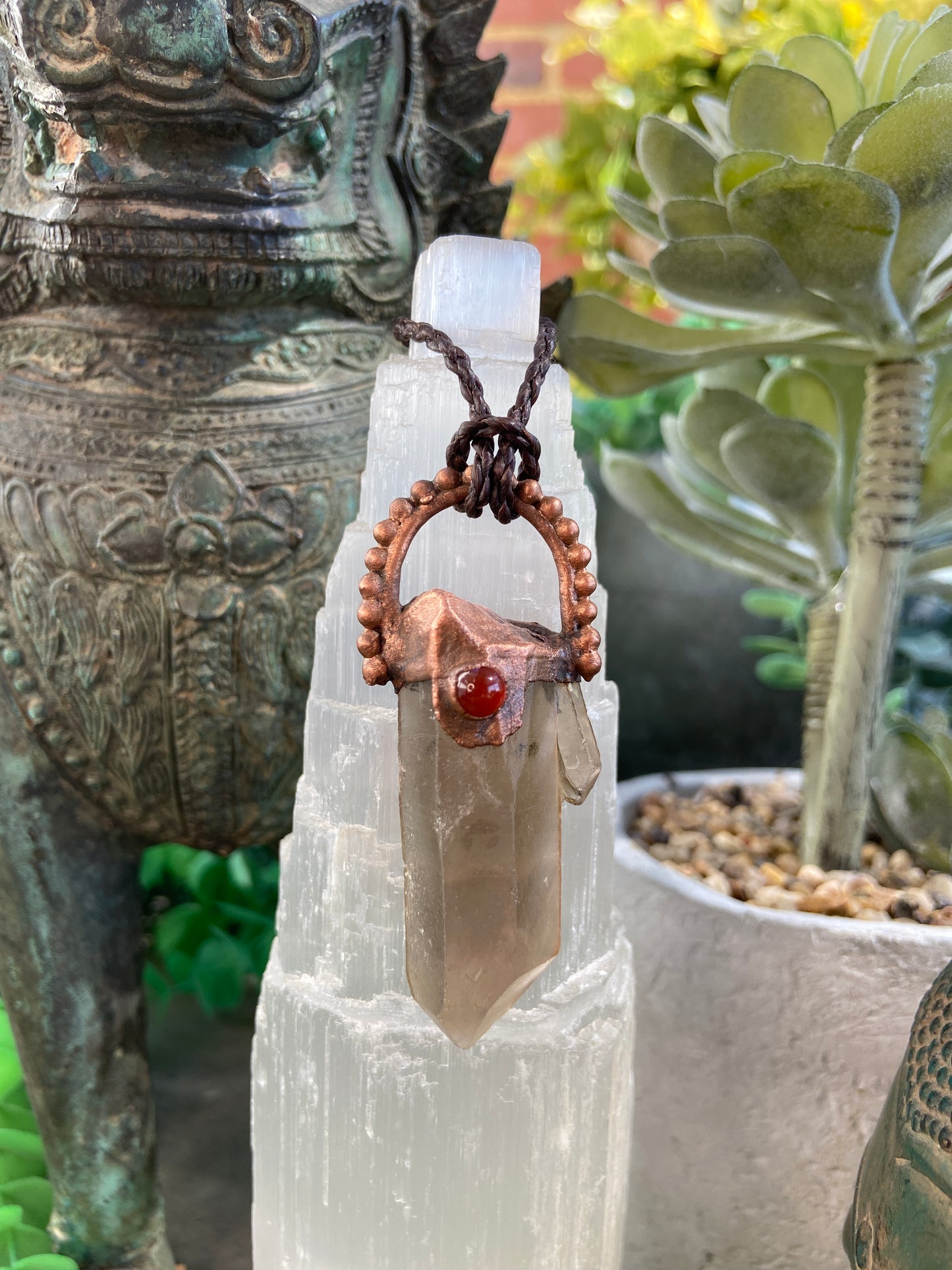 Baroque Smoky Quartz and Carnelian Copper Pendant