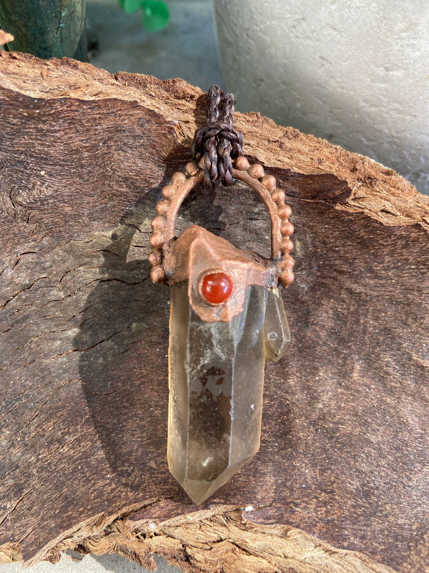 Baroque Smoky Quartz and Carnelian Copper Pendant