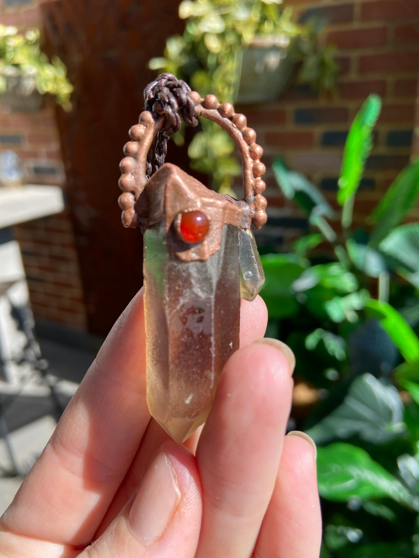 Baroque Smoky Quartz and Carnelian Copper Pendant