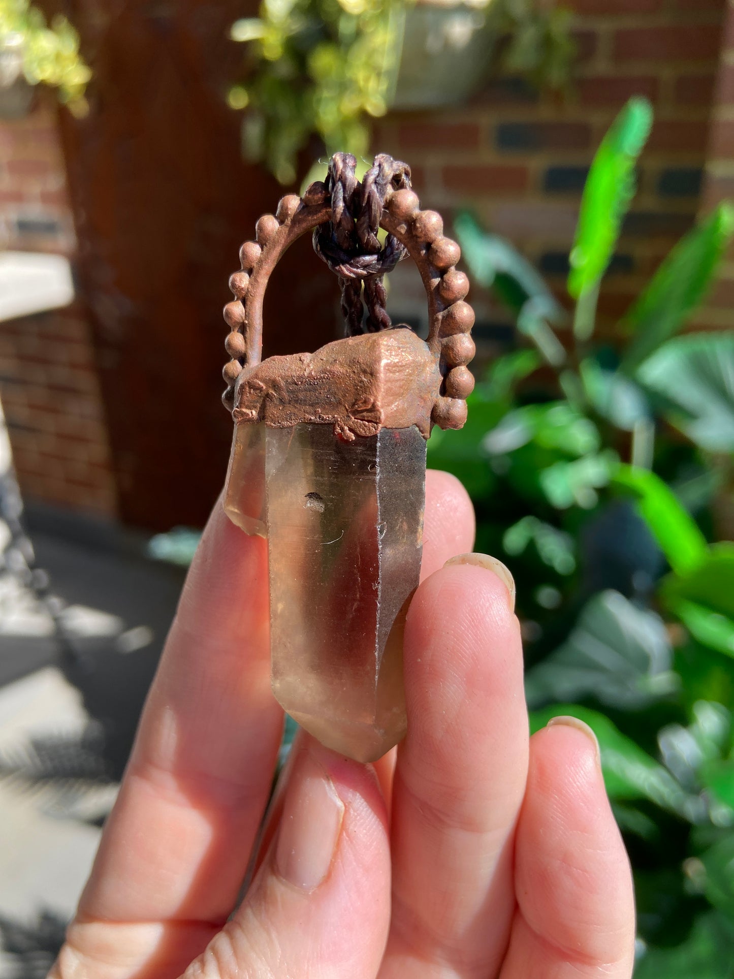 Baroque Smoky Quartz and Carnelian Copper Pendant