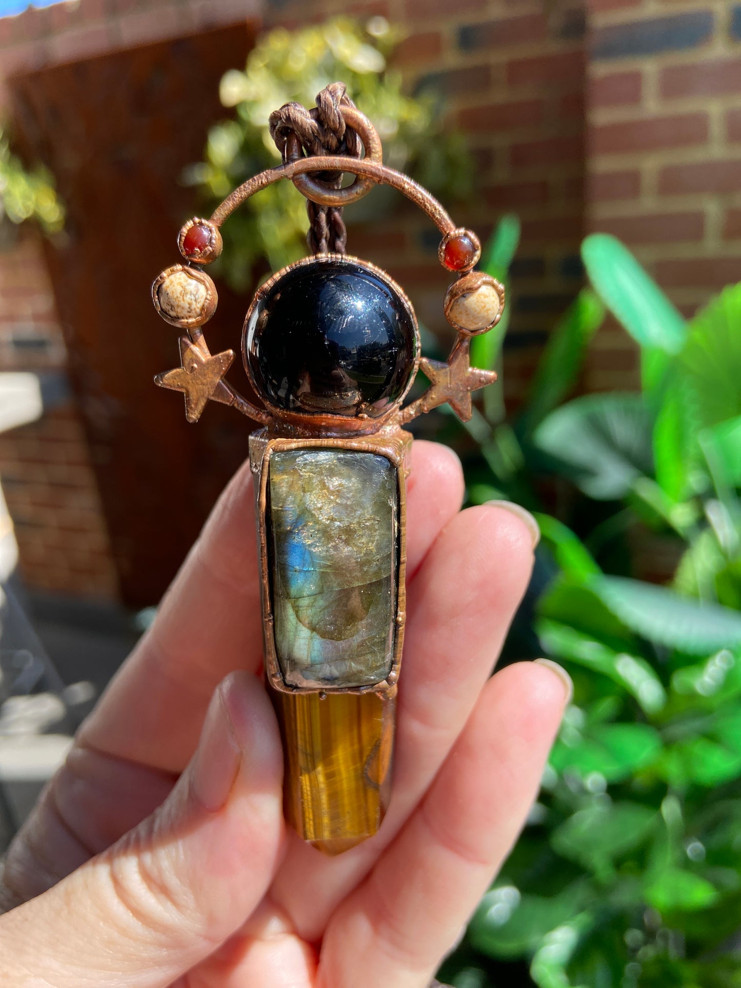 Stardust Goddess Pendant - Tiger's Eye Point with Labradorite, Obsidian, Yellow Jasper, Carnelian and Copper