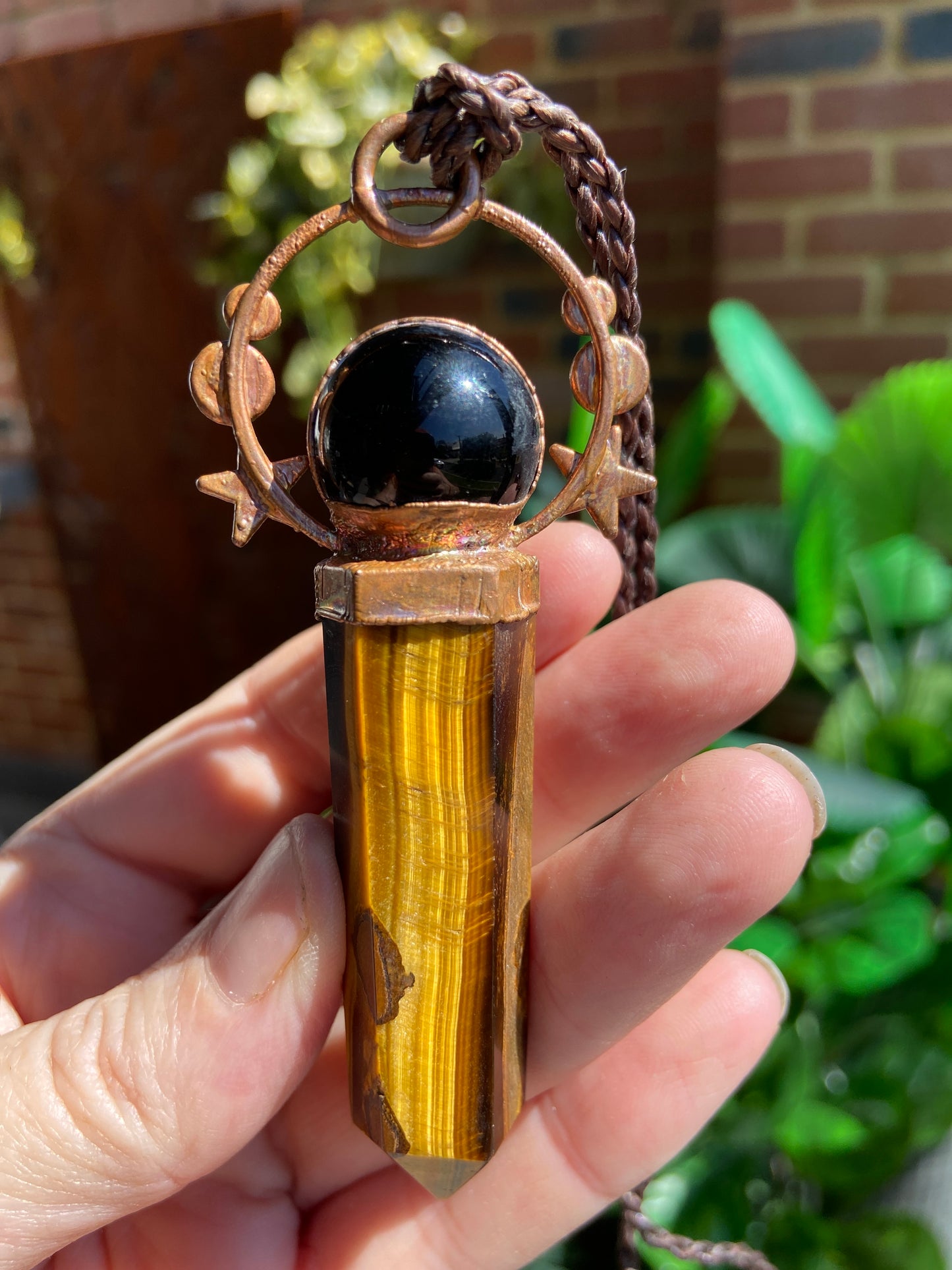 Stardust Goddess Pendant - Tiger's Eye Point with Labradorite, Obsidian, Yellow Jasper, Carnelian and Copper