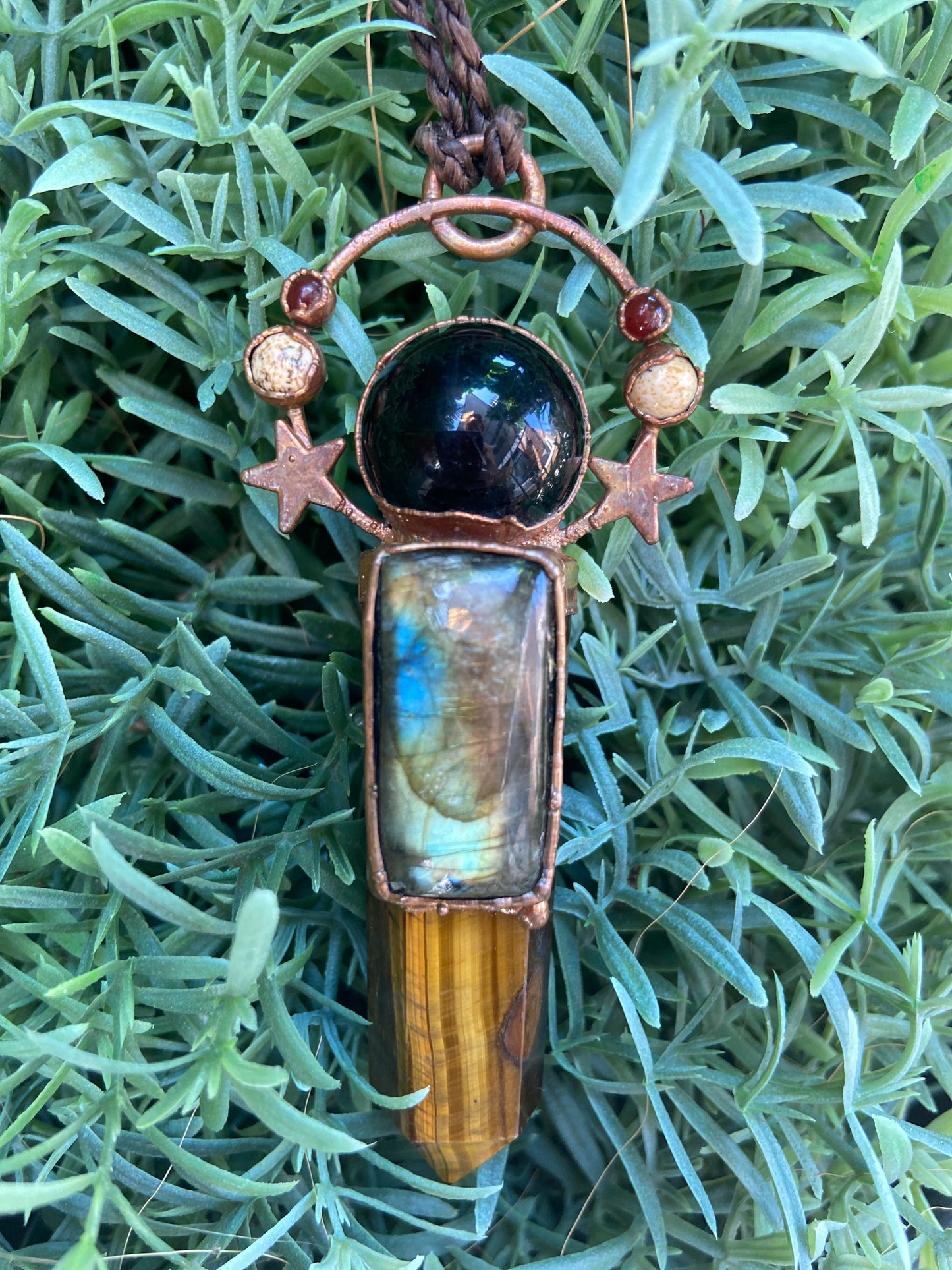 Stardust Goddess Pendant - Tiger's Eye Point with Labradorite, Obsidian, Yellow Jasper, Carnelian and Copper