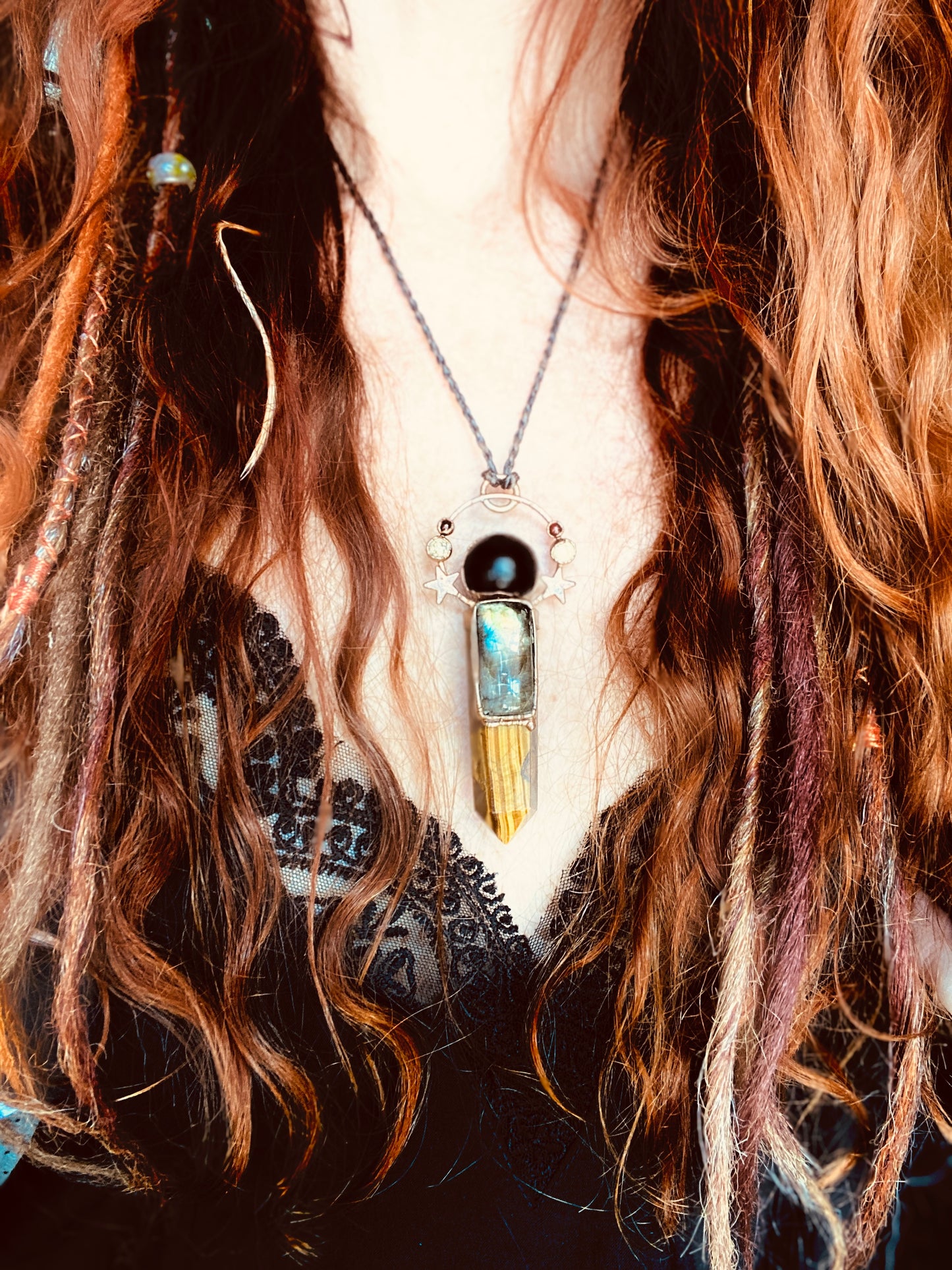 Stardust Goddess Pendant - Tiger's Eye Point with Labradorite, Obsidian, Yellow Jasper, Carnelian and Copper