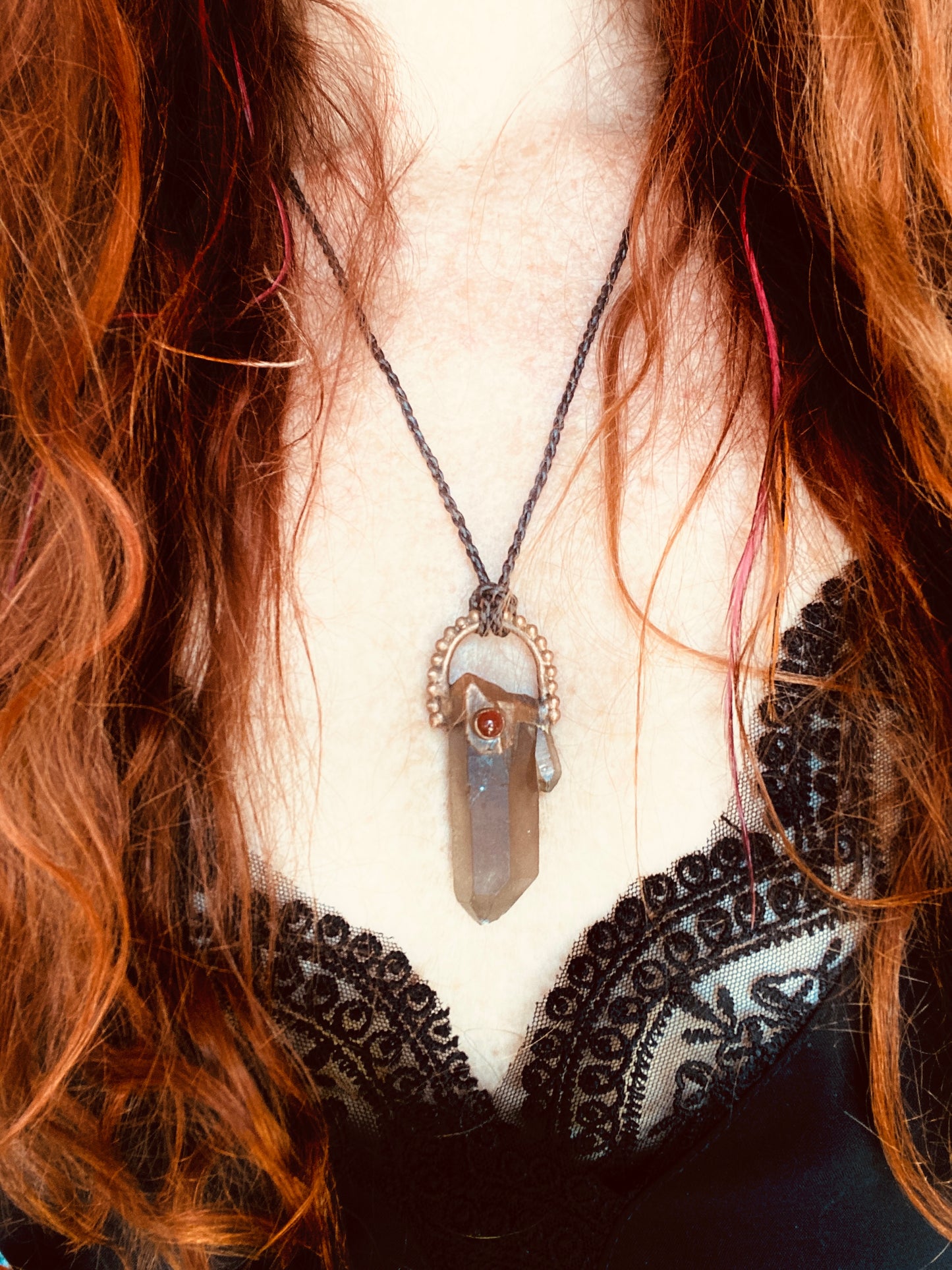 Baroque Smoky Quartz and Carnelian Copper Pendant