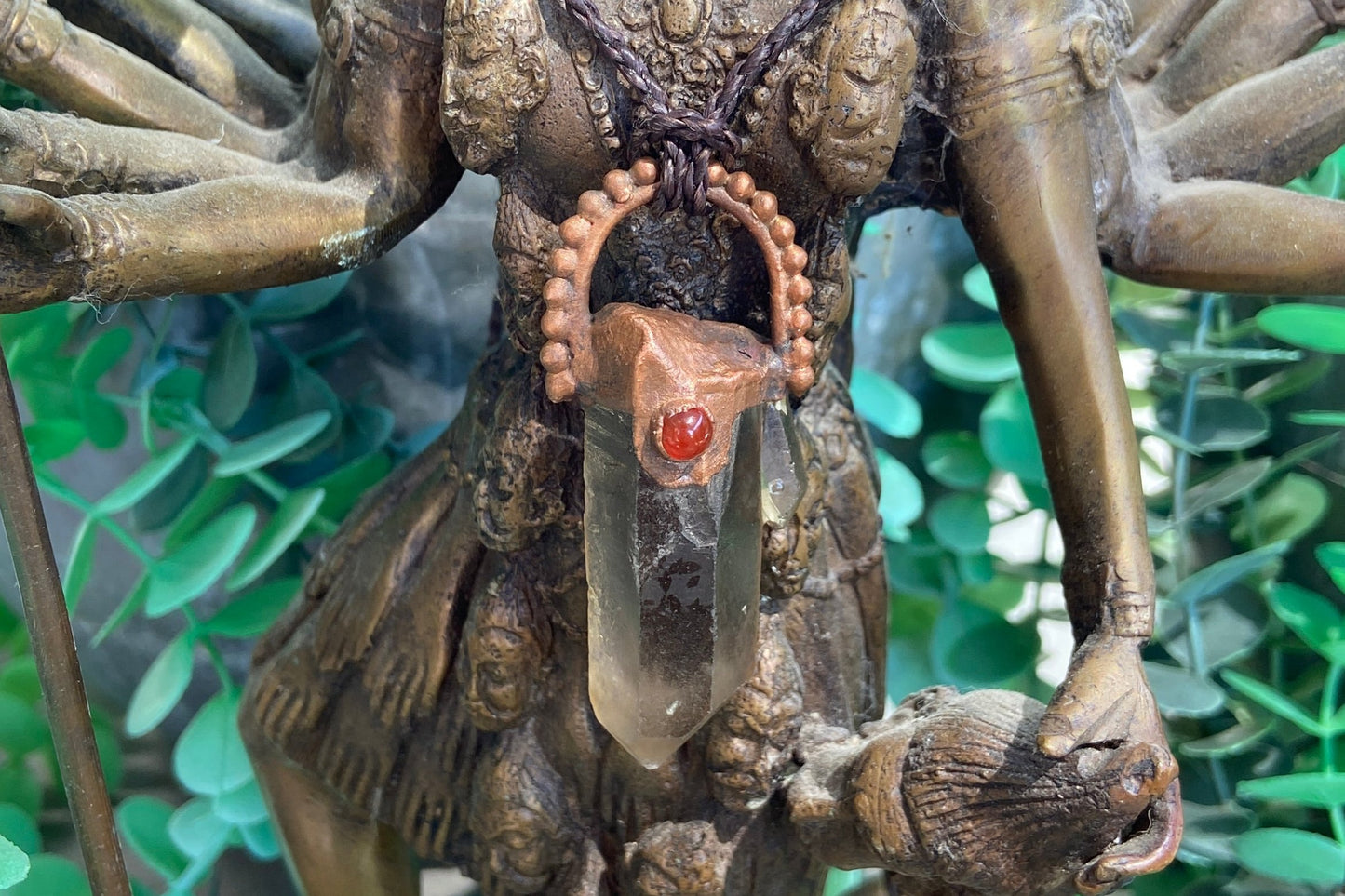 Baroque Smoky Quartz and Carnelian Copper Pendant