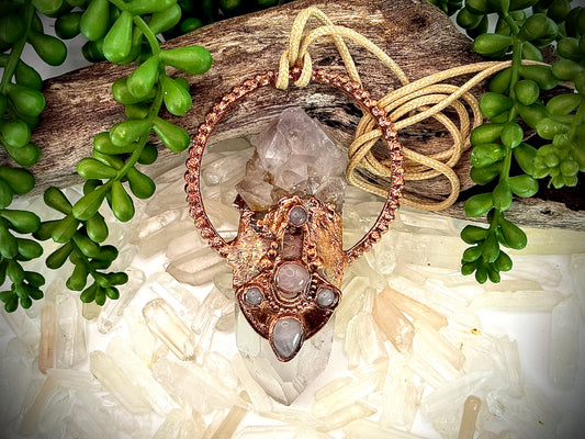 Handmade copper pendant with tangerine quartz point, smoky quartz, and rose quartz cabochons – queenly boho statement necklace.
