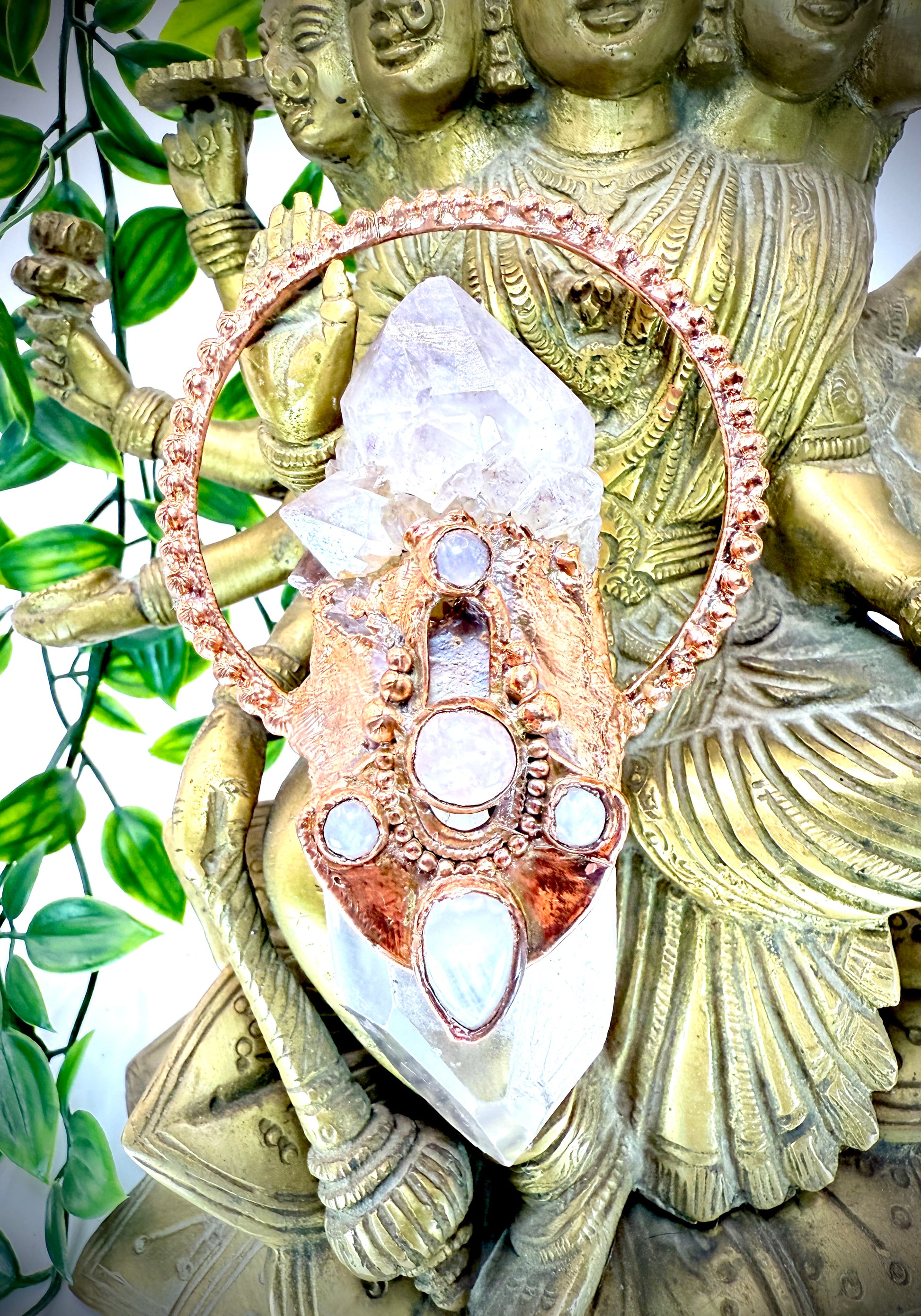 Handmade copper pendant with tangerine quartz point, smoky quartz, and rose quartz cabochons – queenly boho statement necklace.