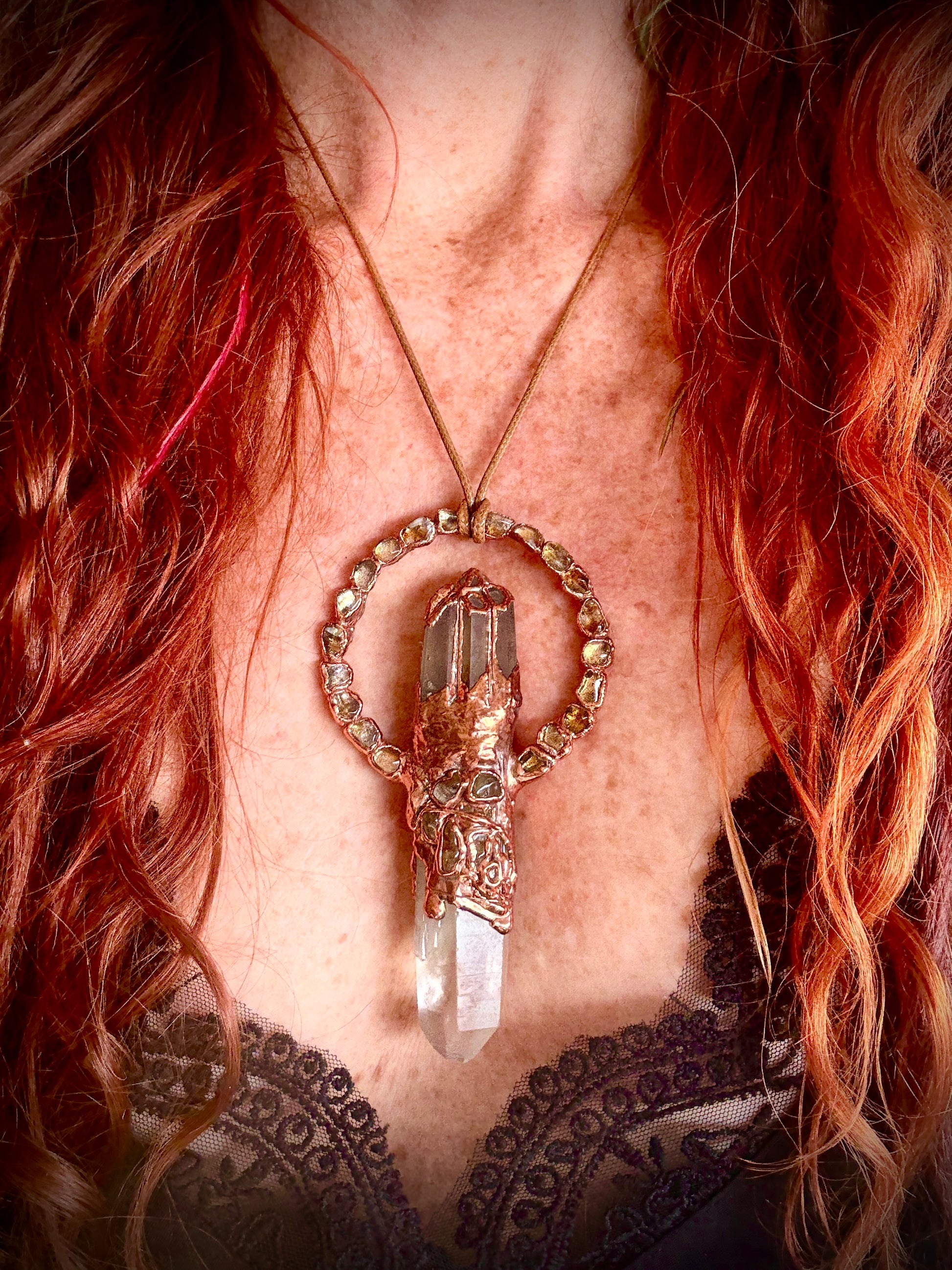 Citrine Dream pendant with citrine point and smoky quartz crown – handmade boho crystal statement necklace.