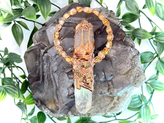 Citrine Dream pendant with citrine point and smoky quartz crown – handmade boho crystal statement necklace.