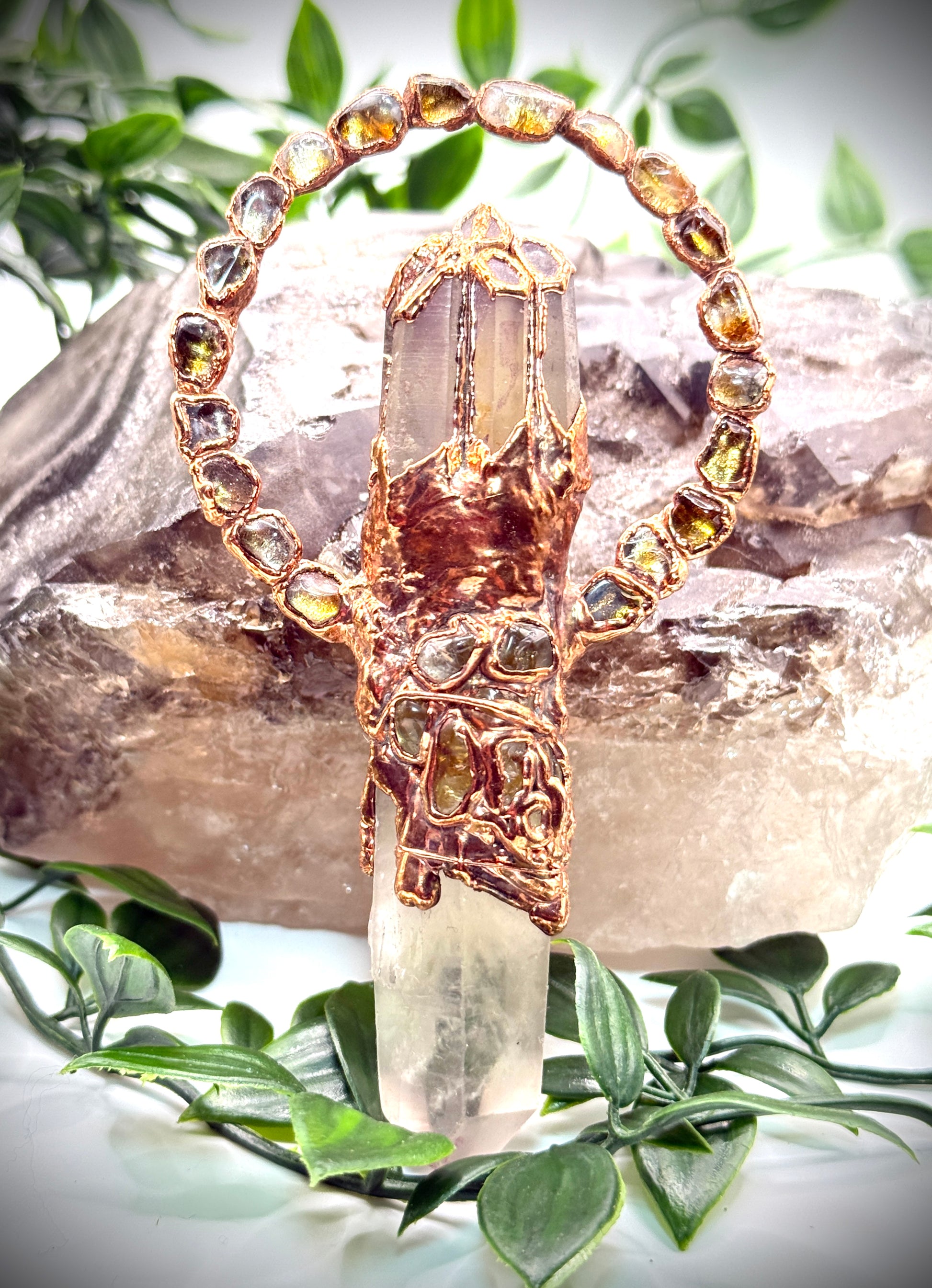 Handmade copper pendant featuring a citrine point, smoky quartz crown, and tumbled citrine accents – sunburst crystal jewellery for confidence and joy.