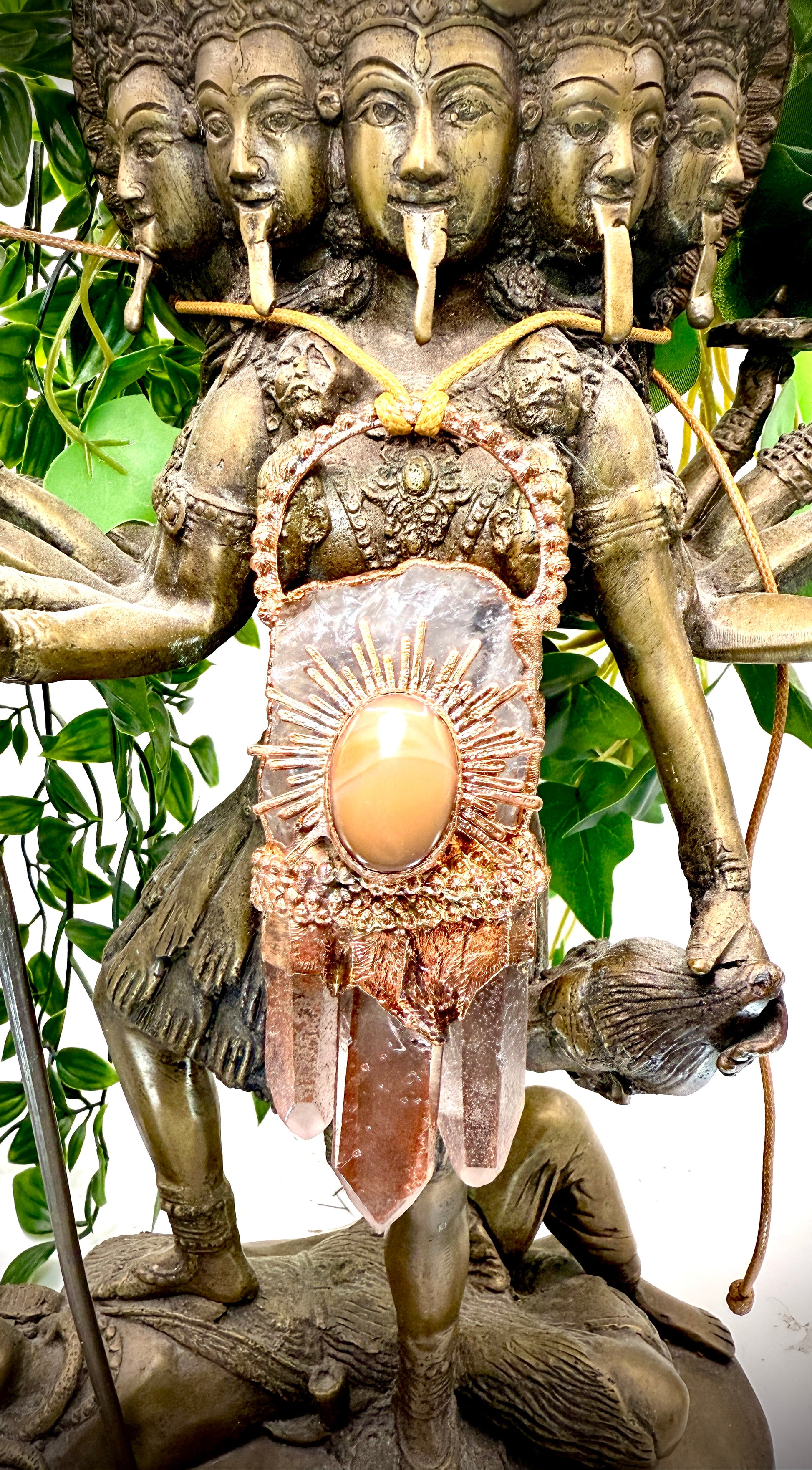 Handmade copper pendant with clear quartz crown, red lithium quartz points, carnelian cabochon, and sunburst accent – fiery crystal statement jewellery.