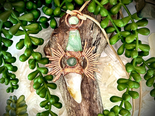 Handmade copper pendant with citrine and green calcite – sunburst design crystal jewellery for confidence and heart healing.