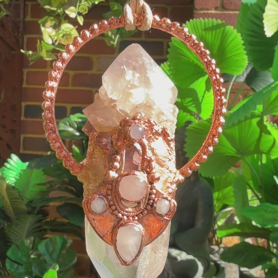 Handmade copper pendant with tangerine quartz point, smoky quartz, and rose quartz cabochons – queenly boho statement necklace.