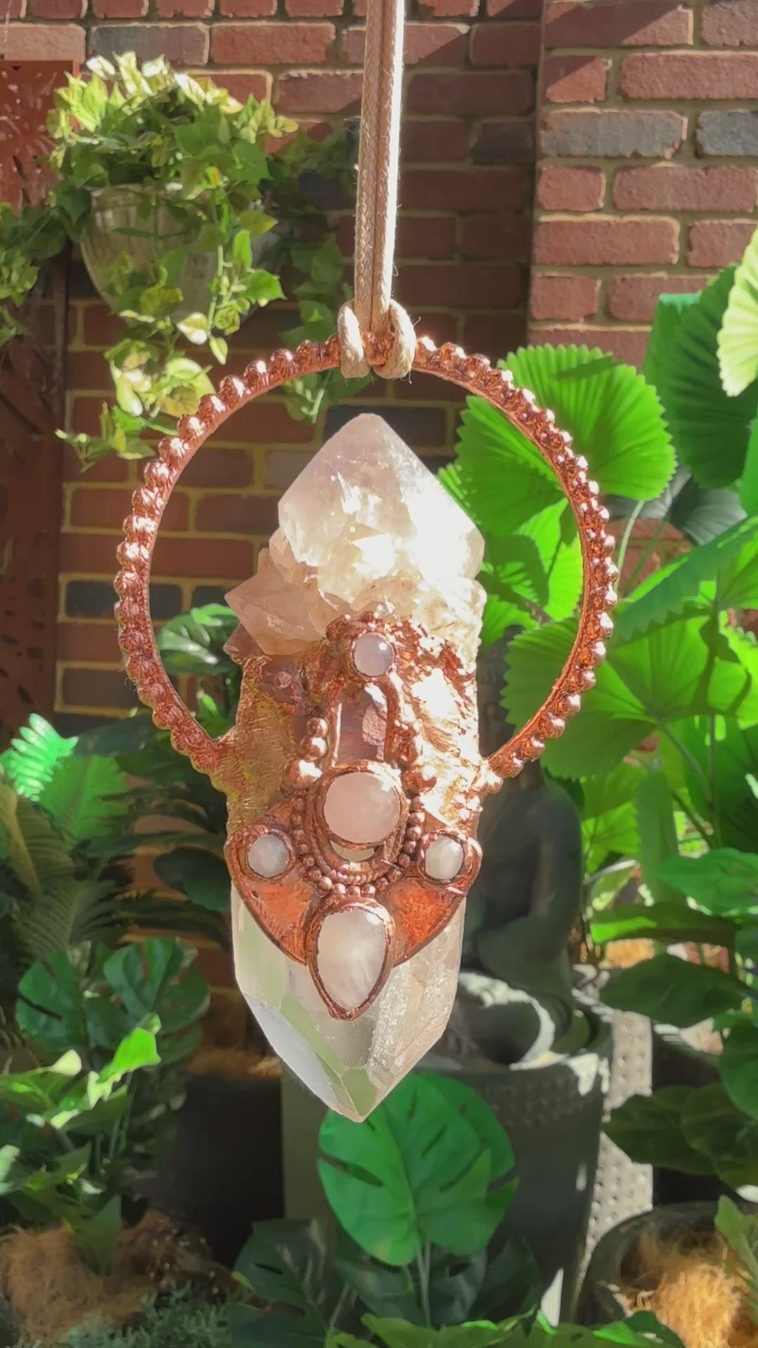 Handmade copper pendant with tangerine quartz point, smoky quartz, and rose quartz cabochons – queenly boho statement necklace.