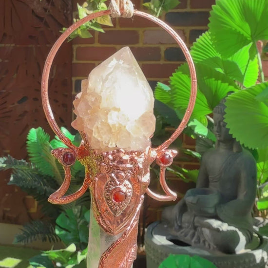 Goddess-inspired pendant with smoky quartz and clear quartz point bearing a crystal growth imprint – accented with copper and carnelian.