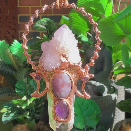 Handmade copper pendant with spirit quartz, tangerine quartz, Indian agate cabochon, amethyst accents, and crescent moons – celestial crystal jewellery.