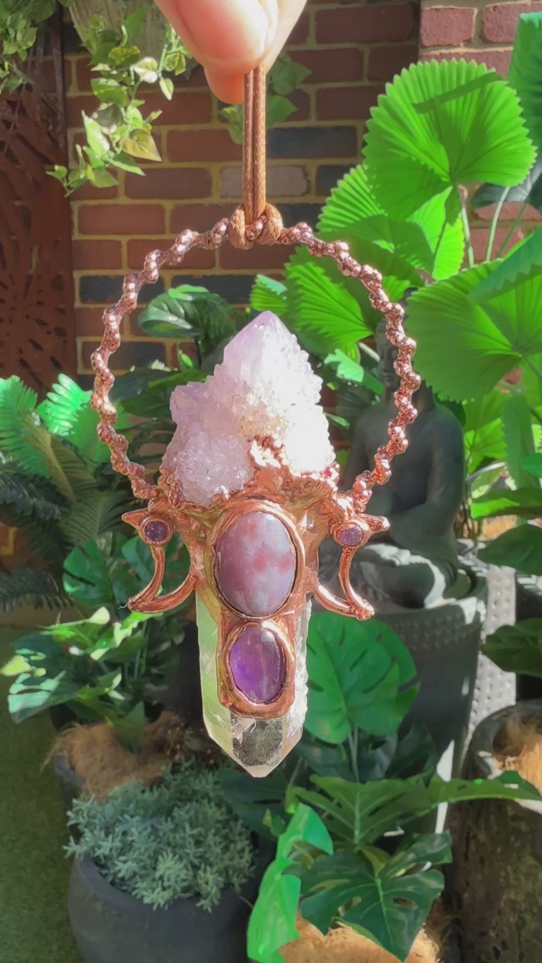 Handmade copper pendant with spirit quartz, tangerine quartz, Indian agate cabochon, amethyst accents, and crescent moons – celestial crystal jewellery.