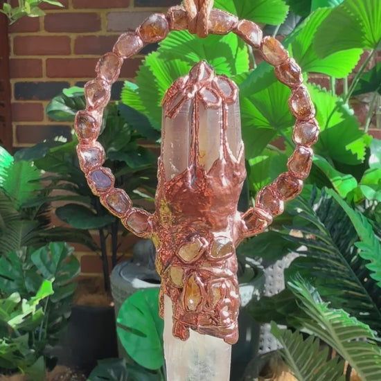 Citrine Dream pendant with citrine point and smoky quartz crown – handmade boho crystal statement necklace.