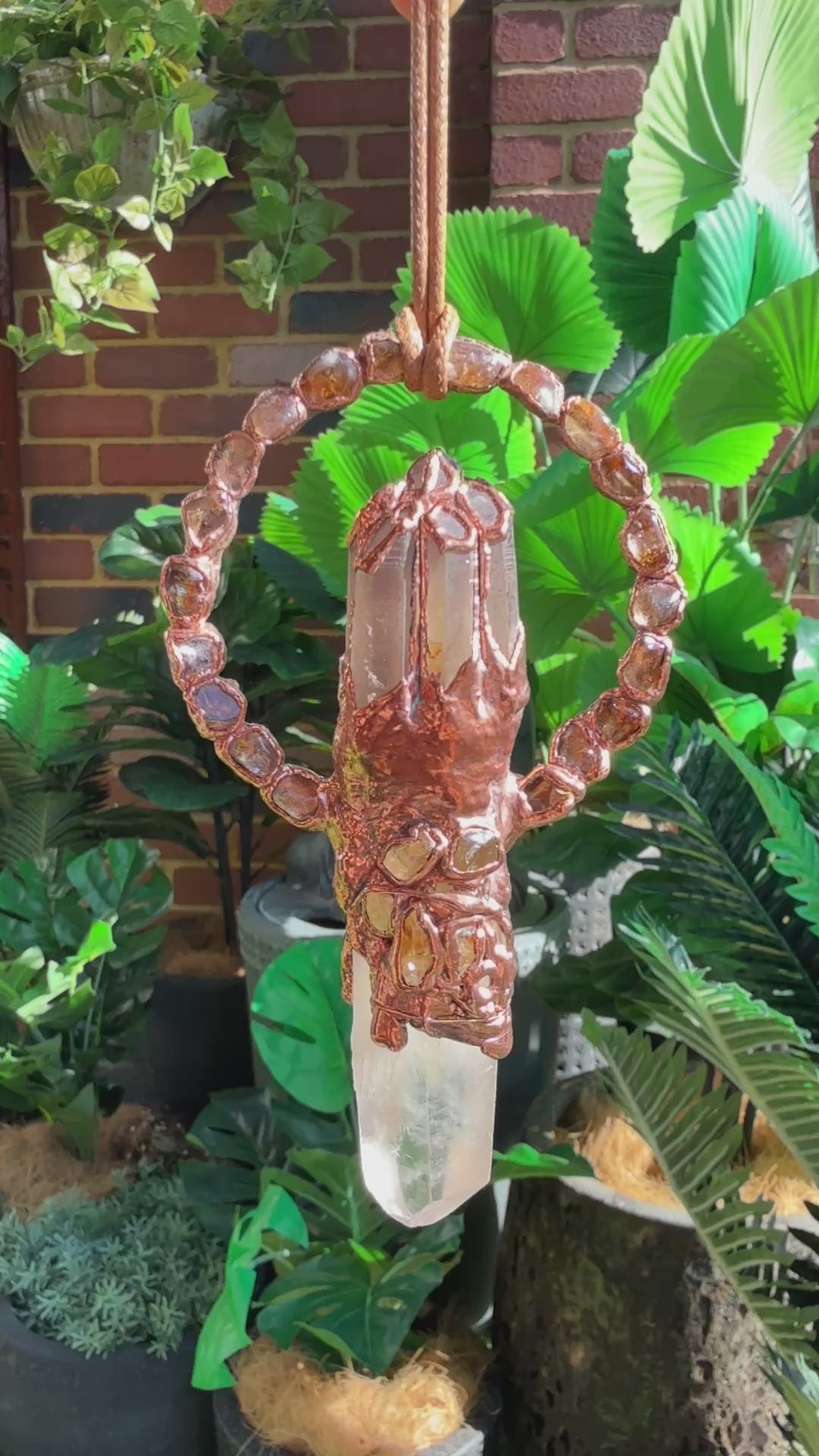 Citrine Dream pendant with citrine point and smoky quartz crown – handmade boho crystal statement necklace.