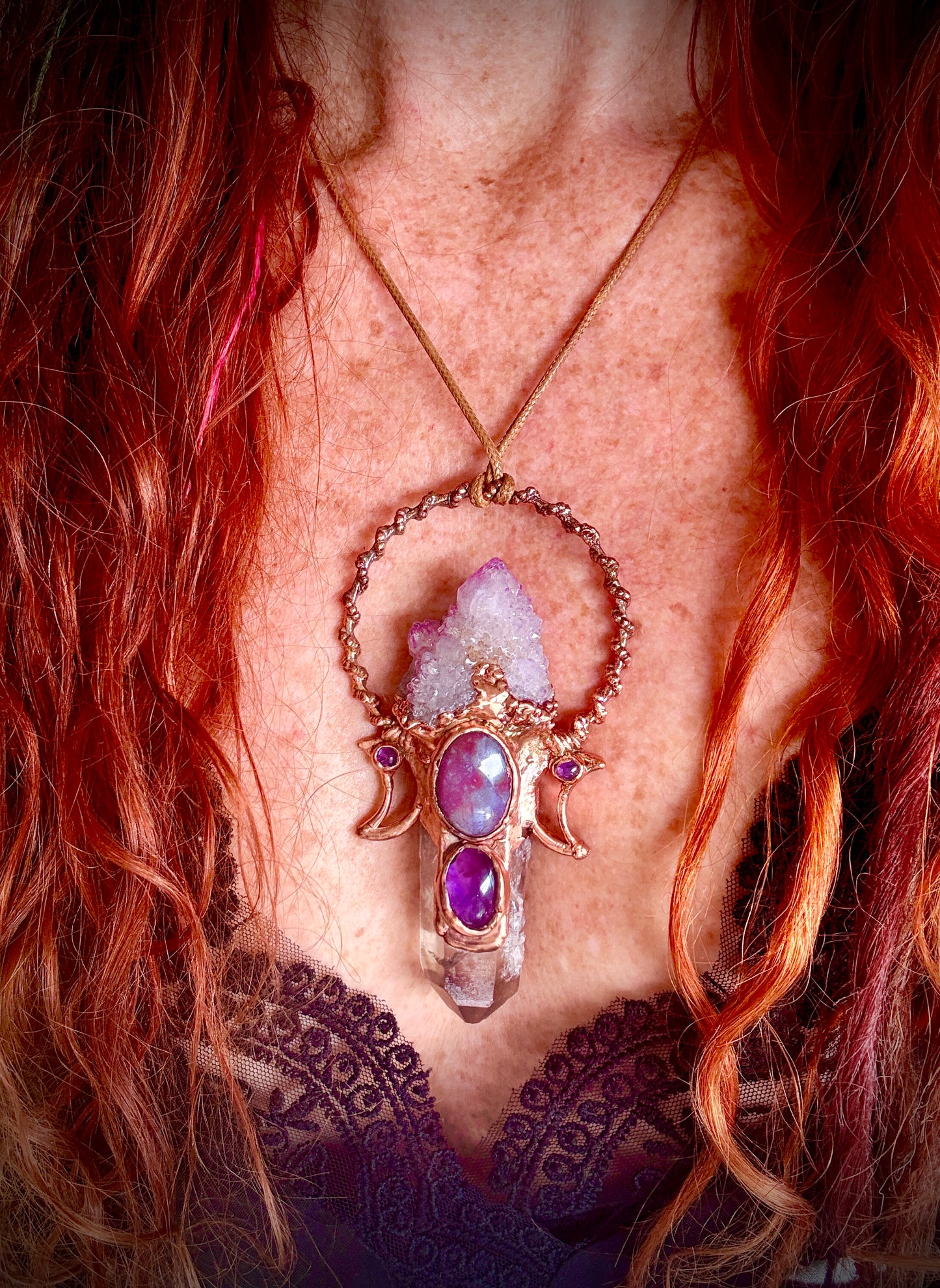 Copper pendant with raw spirit quartz, amethyst, and detailed crescent moon embellishments.